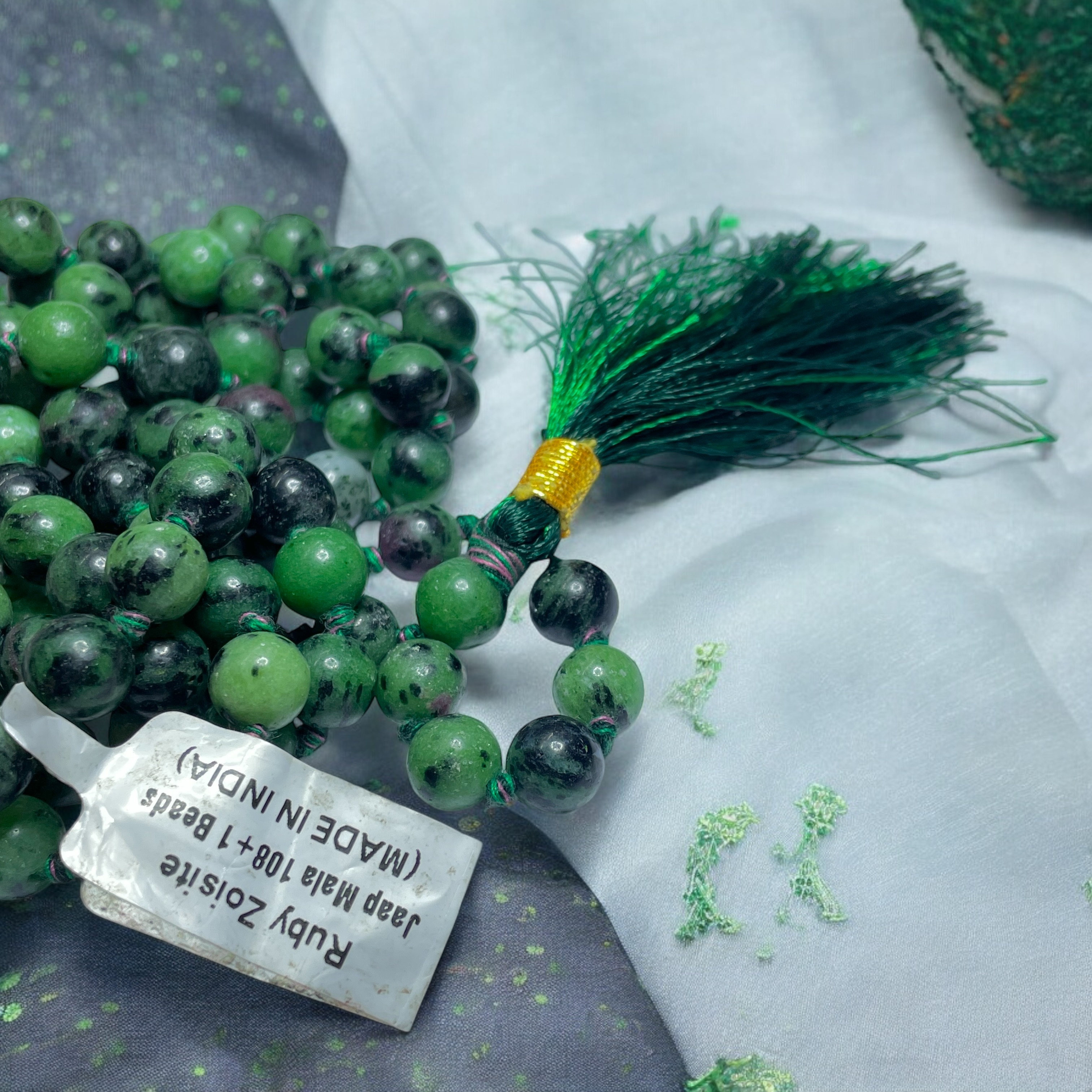 Rocksmins Ruby Zoisite Crystal Jaap Mala - 108+1 Beads 8 mm Beads for Pooja, Astrology for Wearing in Neck/Holding for Men Women Boys Girls