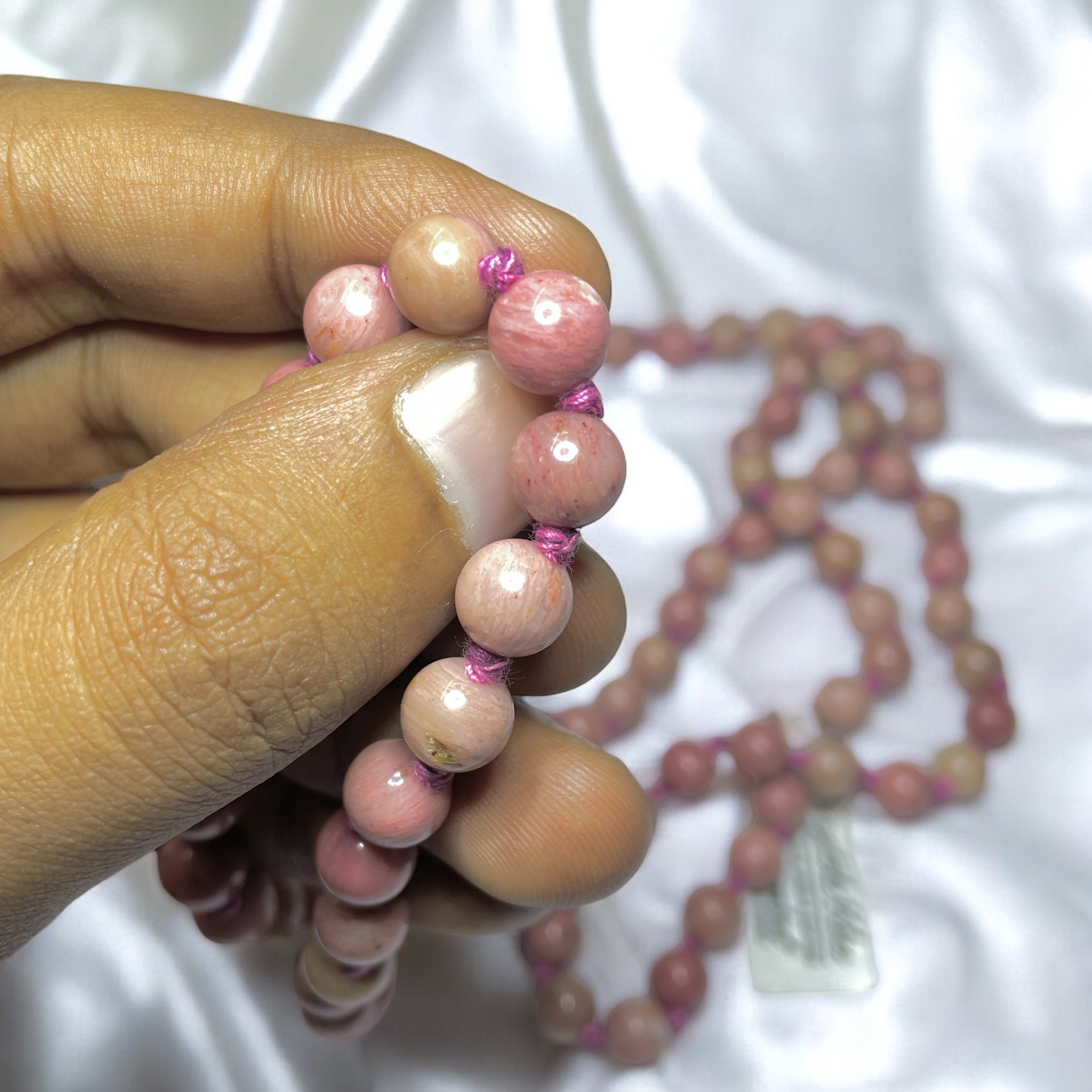 Rocksmins Rhodochrosite Crystal Jaap Mala - 108+1 Beads 8 mm Beads for Pooja, Astrology for Wearing in Neck/Holding for Men Women Boys Girls