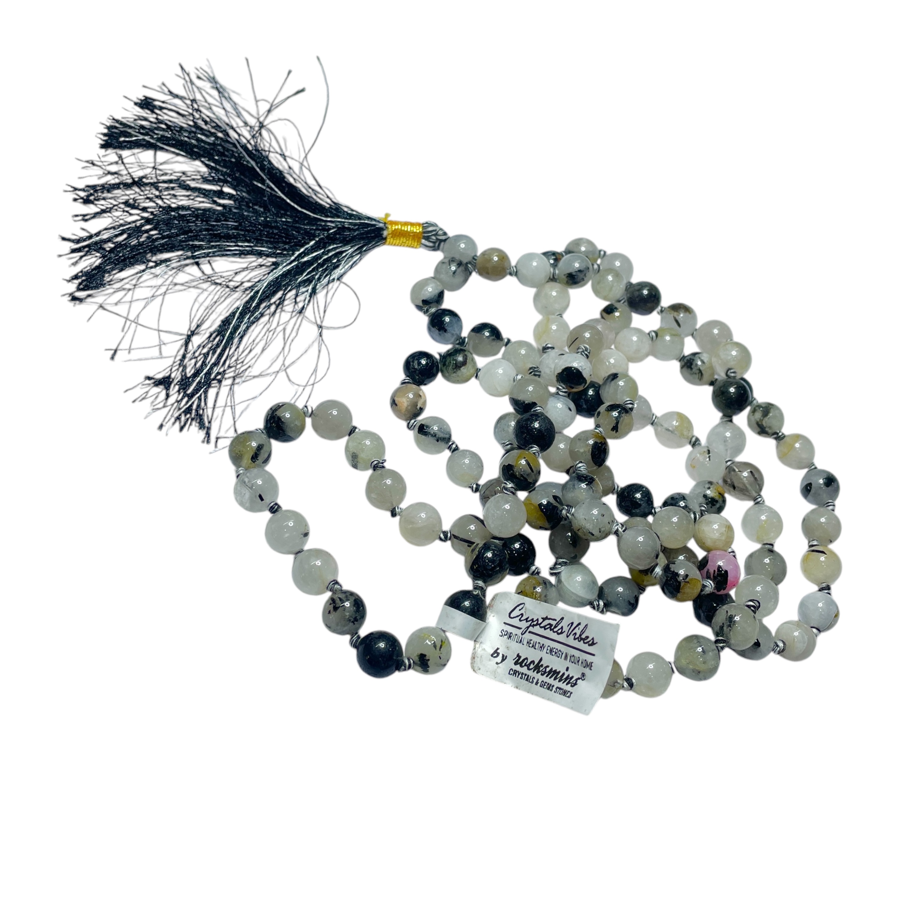 Rocksmins Rutile Black Crystal Jaap Mala - 108+1 Beads 8 mm Beads for Pooja, Astrology for Wearing in Neck/Holding for Men Women Boys Girls
