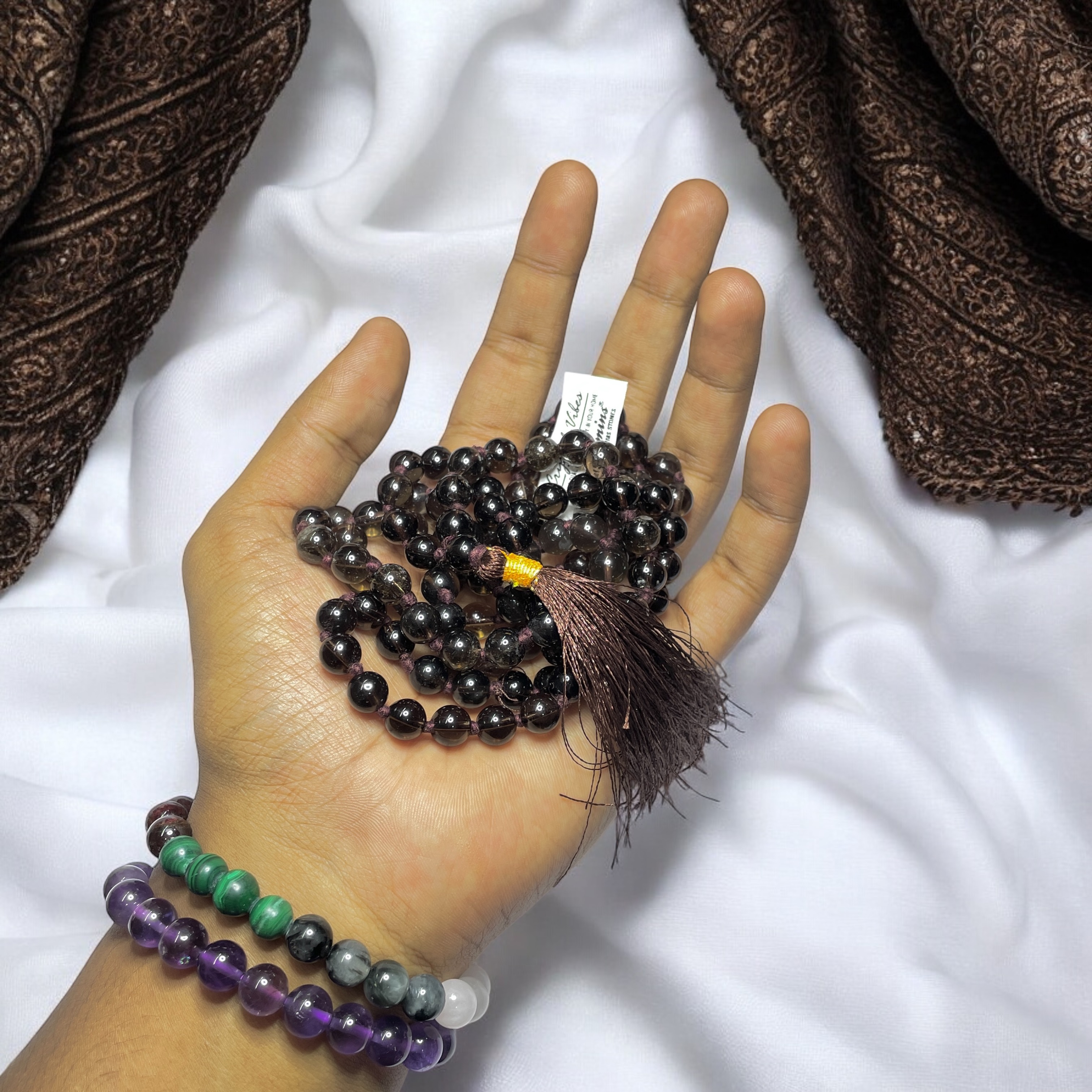 Rocksmins Smoky Quartz Crystal Jaap Mala - 108+1 Beads 8 mm Beads for Pooja, Astrology for Wearing in Neck/Holding for Men Women Boys Girls