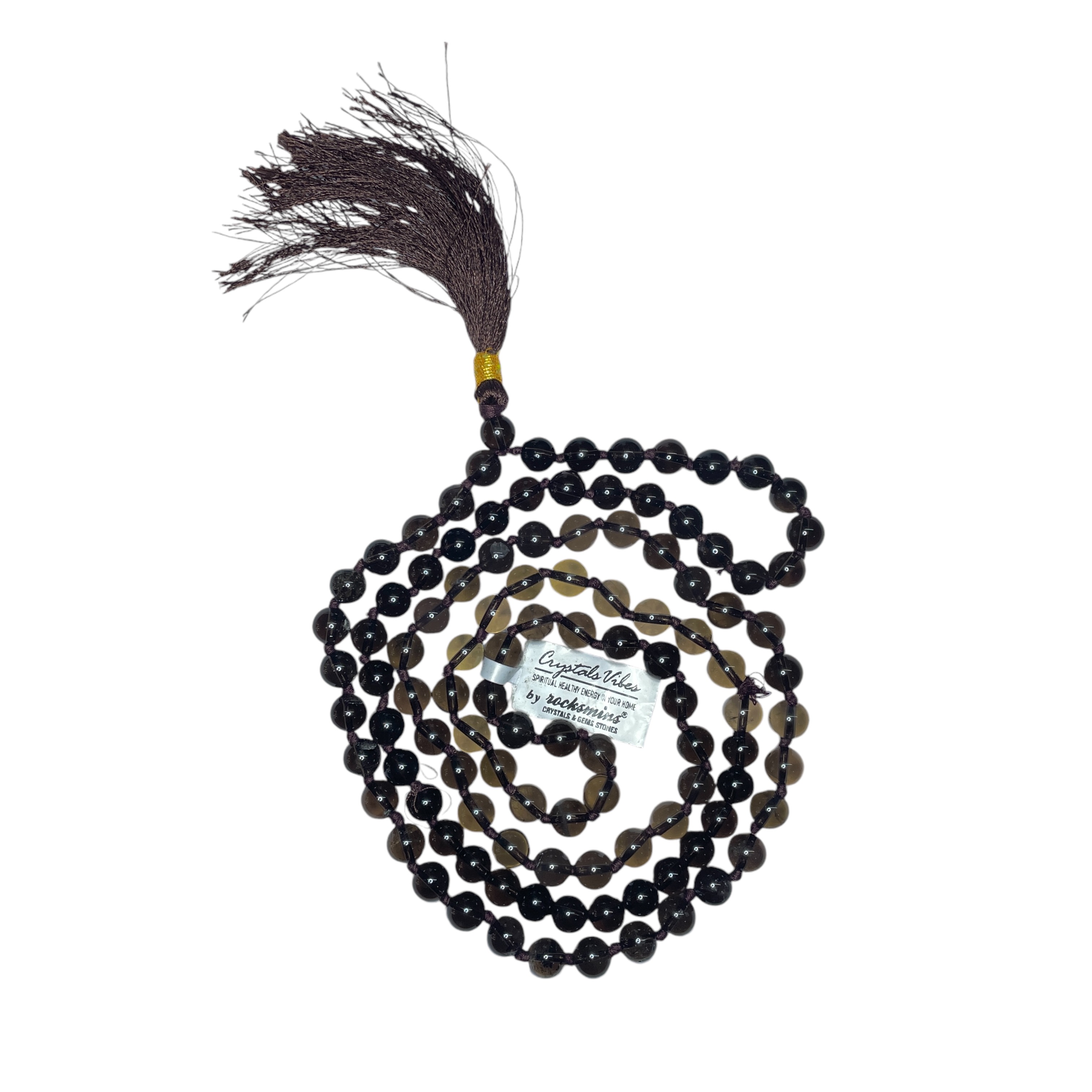 Rocksmins Smoky Quartz Crystal Jaap Mala - 108+1 Beads 8 mm Beads for Pooja, Astrology for Wearing in Neck/Holding for Men Women Boys Girls