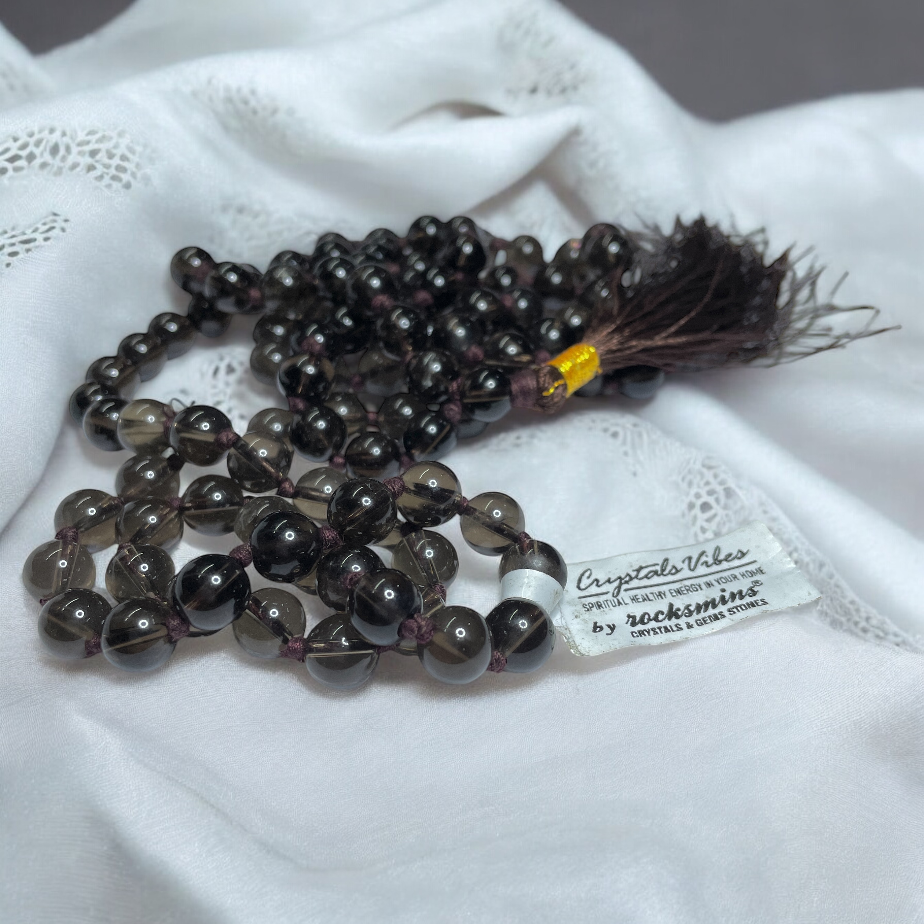 Rocksmins Smoky Quartz Crystal Jaap Mala - 108+1 Beads 8 mm Beads for Pooja, Astrology for Wearing in Neck/Holding for Men Women Boys Girls