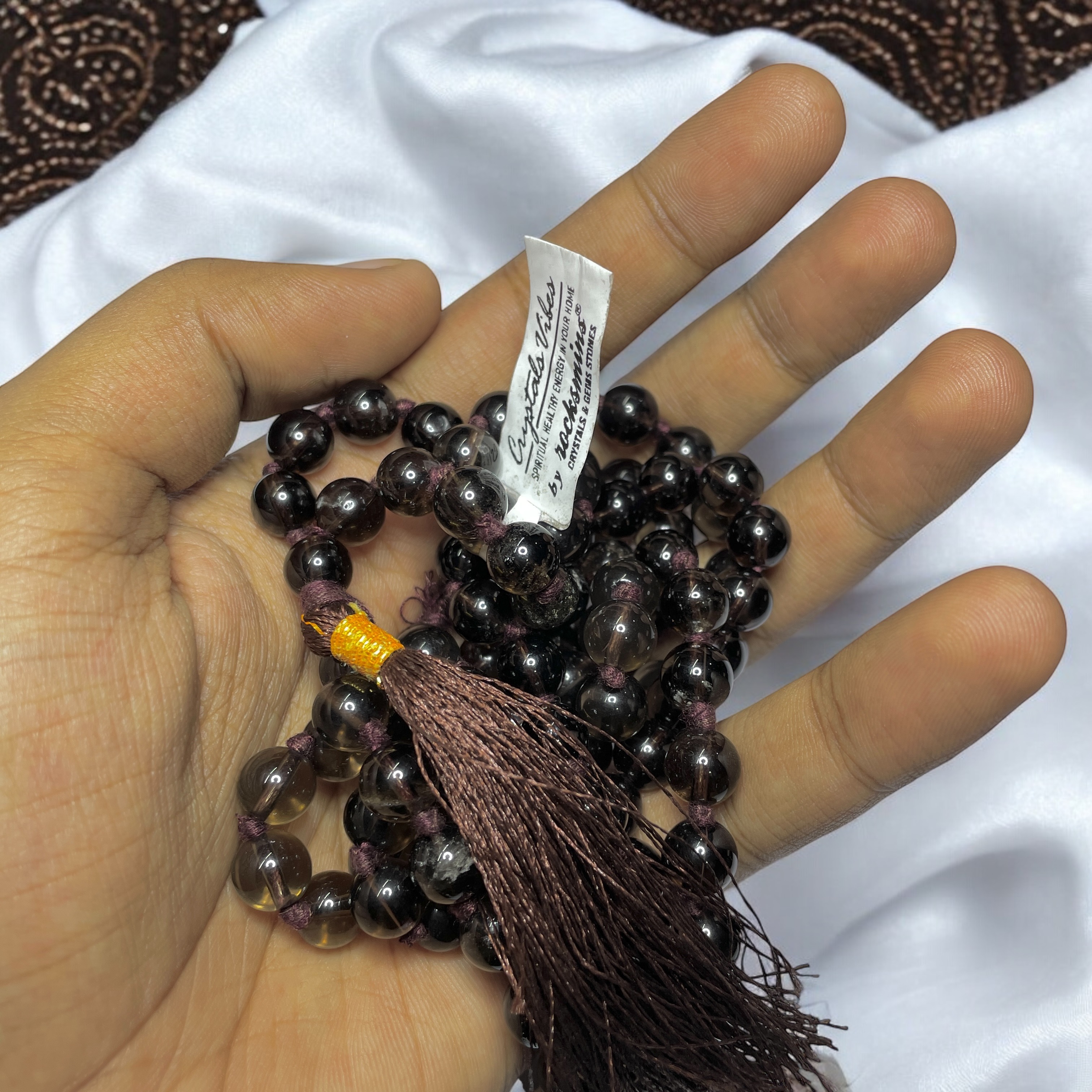 Rocksmins Smoky Quartz Crystal Jaap Mala - 108+1 Beads 8 mm Beads for Pooja, Astrology for Wearing in Neck/Holding for Men Women Boys Girls