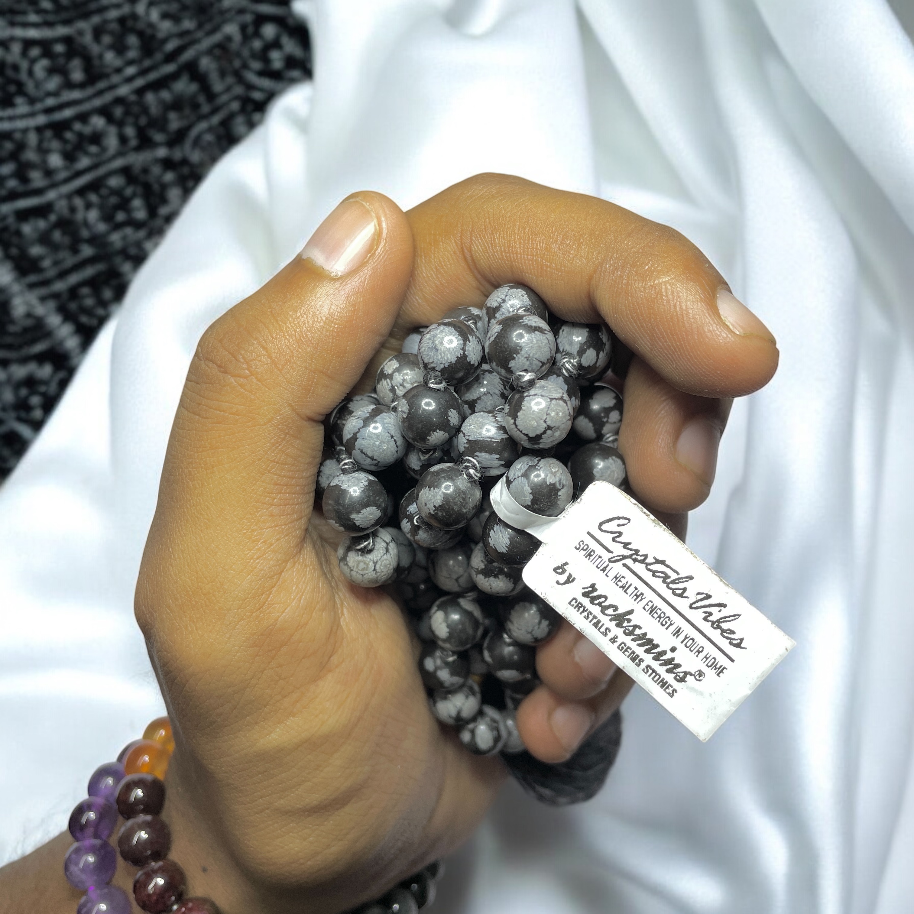 Rocksmins Snowflake Obsidian Crystal Jaap Mala - 108+1 Beads 8 mm Beads for Pooja, Astrology for Wearing in Neck/Holding for Men Women Boys Girls