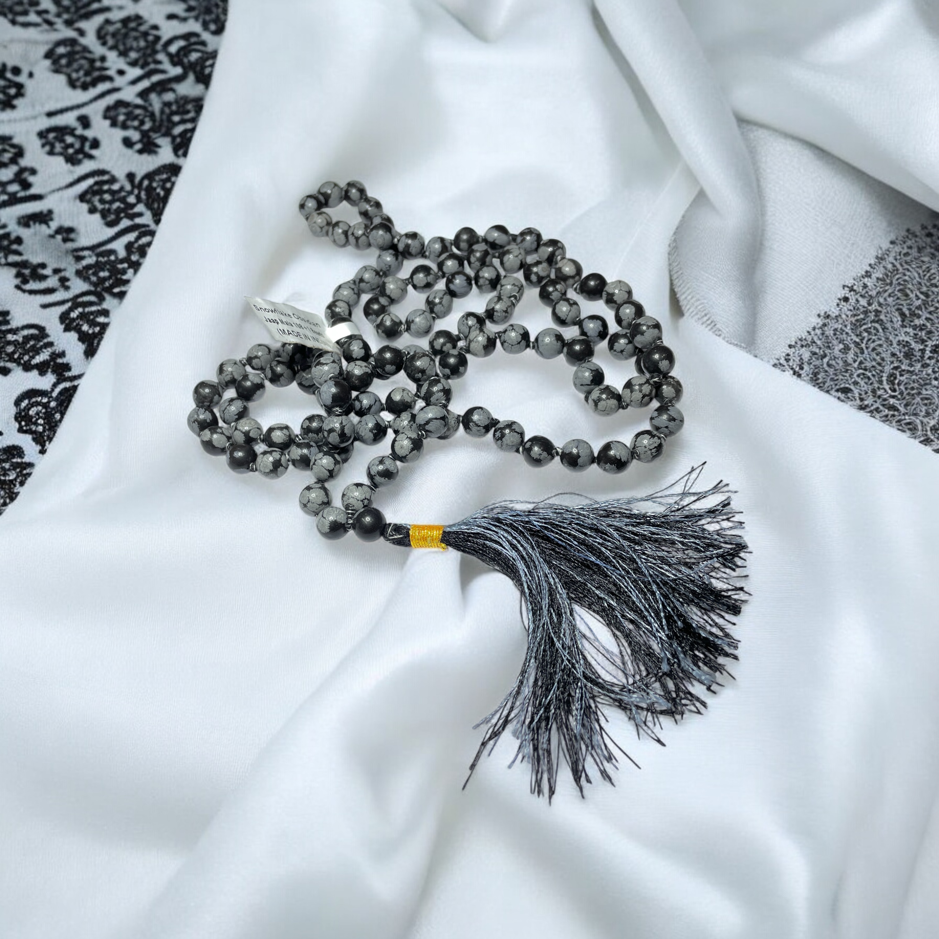 Rocksmins Snowflake Obsidian Crystal Jaap Mala - 108+1 Beads 8 mm Beads for Pooja, Astrology for Wearing in Neck/Holding for Men Women Boys Girls