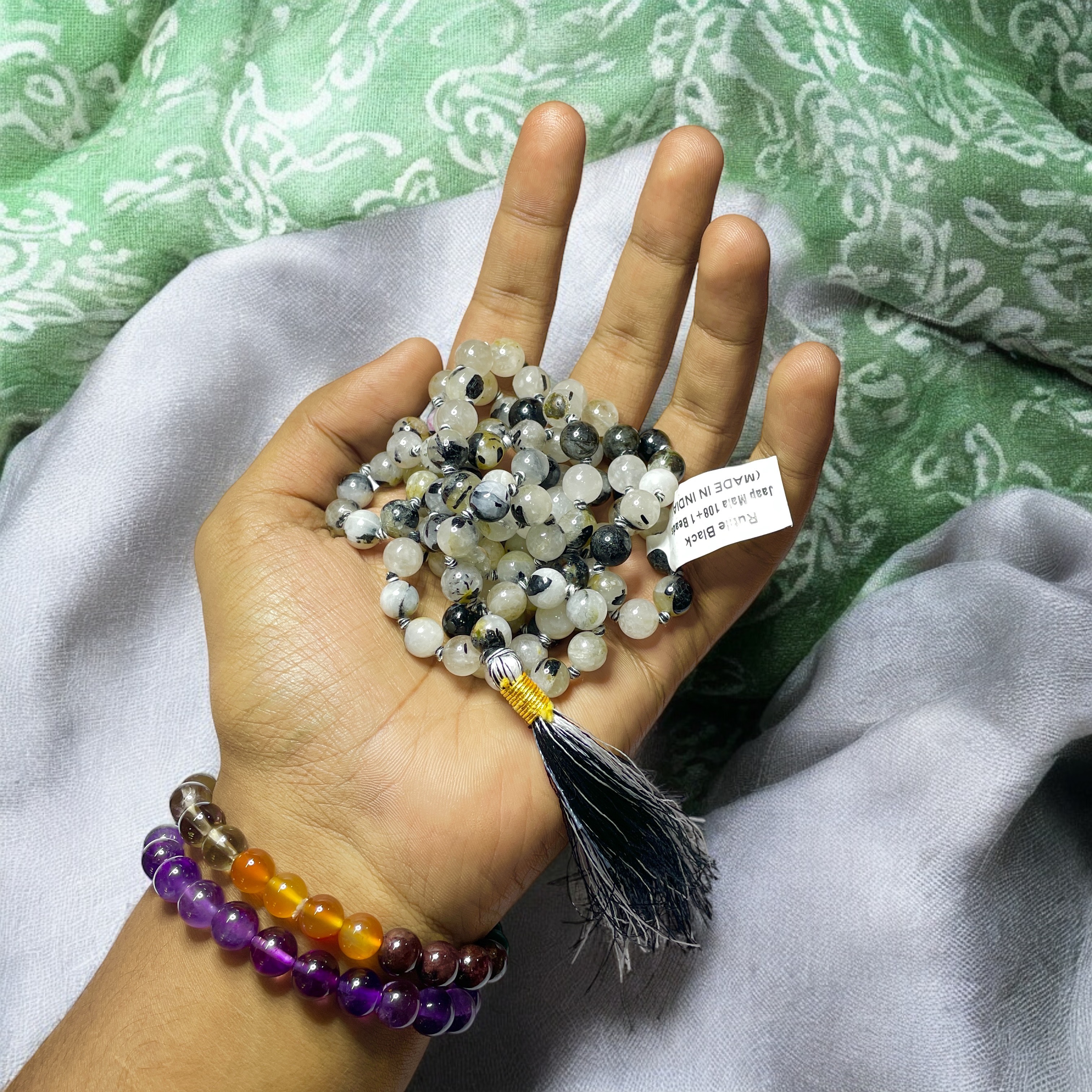 Rocksmins Rutile Black Crystal Jaap Mala - 108+1 Beads 8 mm Beads for Pooja, Astrology for Wearing in Neck/Holding for Men Women Boys Girls