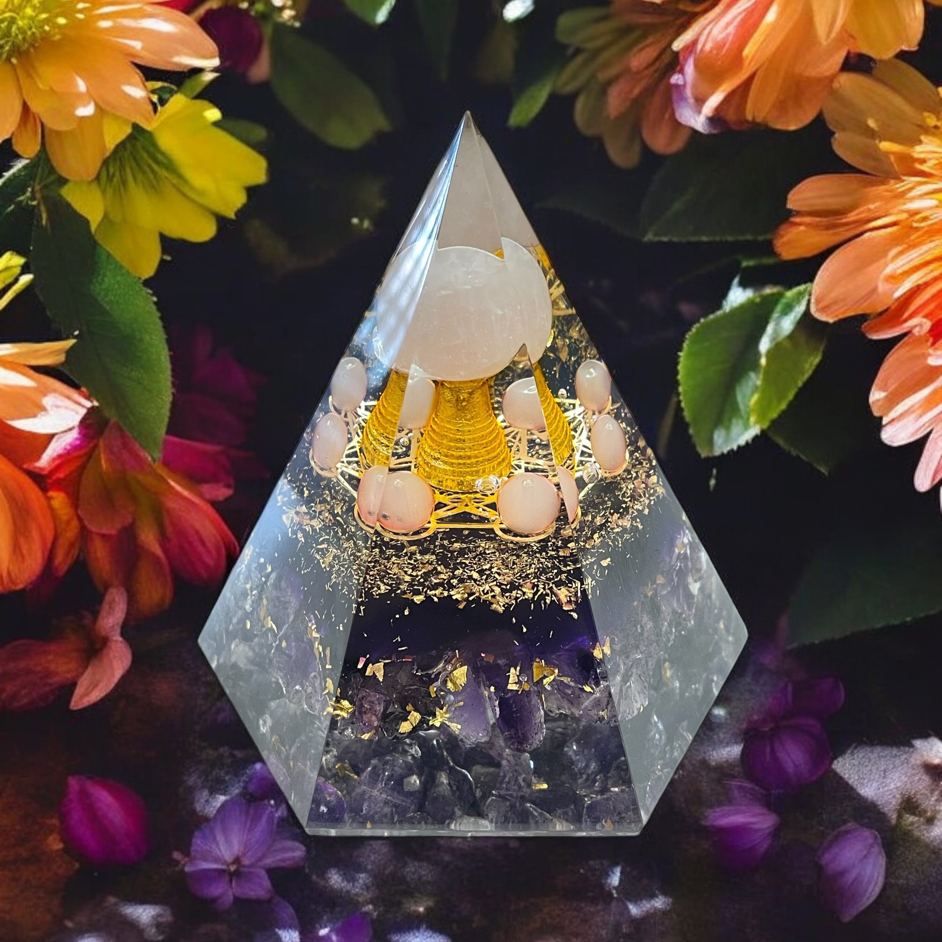 Rocksmins Amethyst Chips + Rose Quartz Ball Orgone Crystal Pyramid for balancing energy, Removing Negative Energy, And Promoting Overall Well-Being