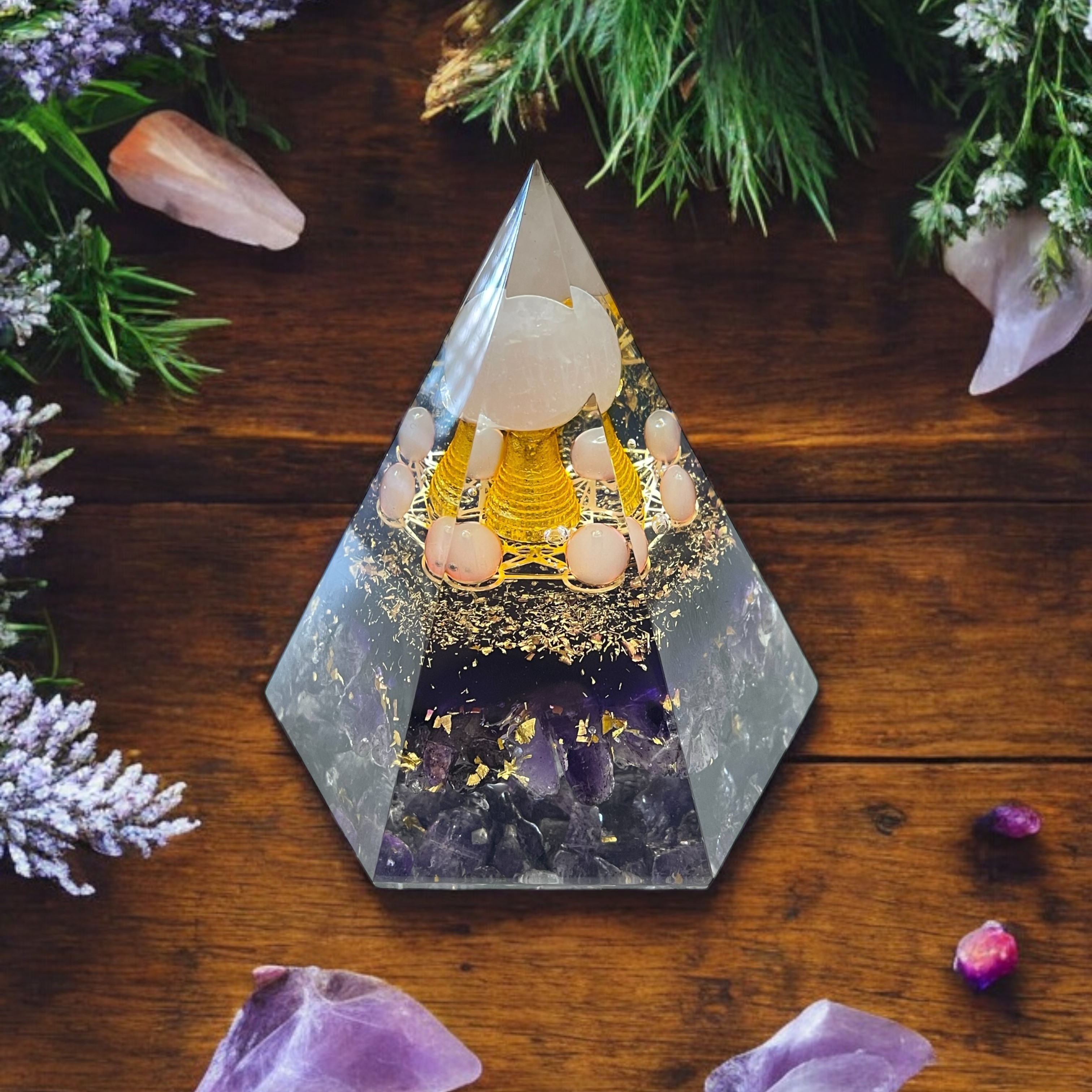 Rocksmins Amethyst Chips + Rose Quartz Ball Orgone Crystal Pyramid for balancing energy, Removing Negative Energy, And Promoting Overall Well-Being
