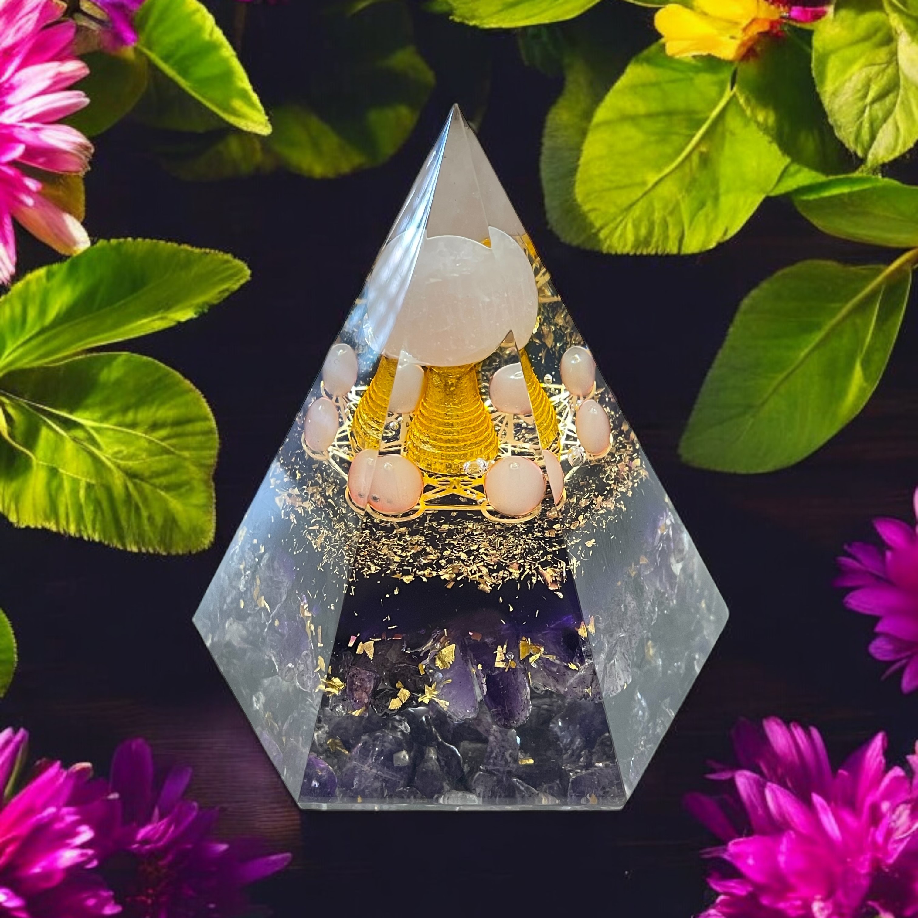 Rocksmins Amethyst Chips + Rose Quartz Ball Orgone Crystal Pyramid for balancing energy, Removing Negative Energy, And Promoting Overall Well-Being