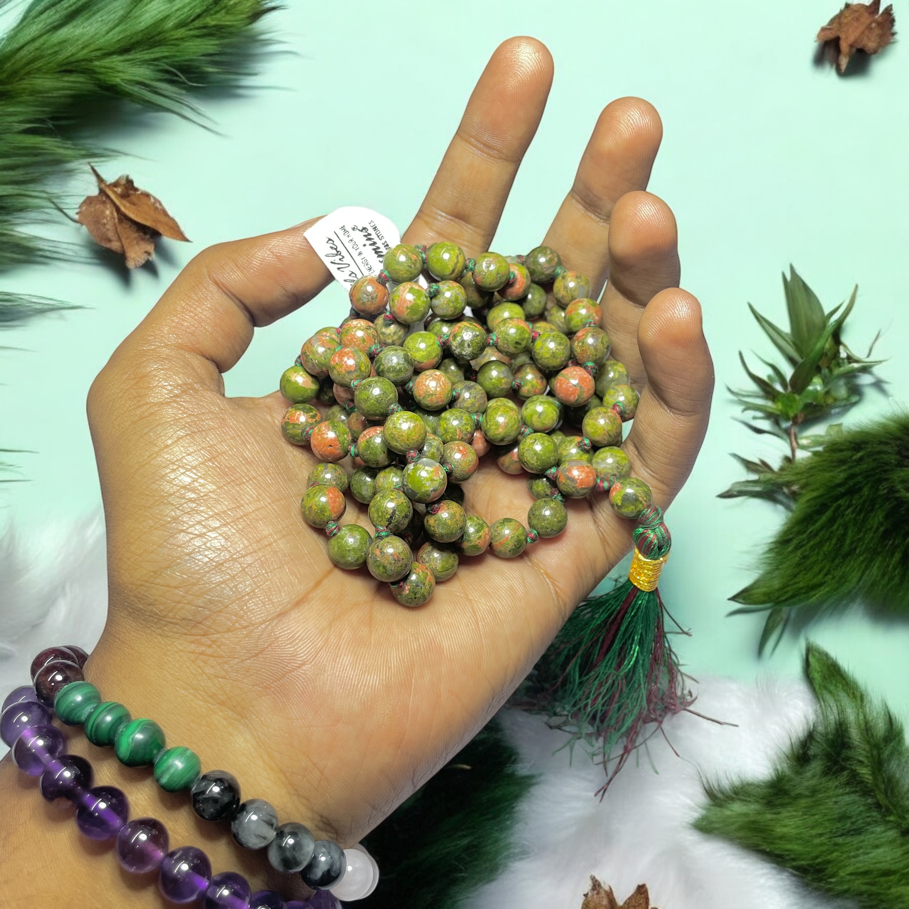Rocksmins Unakite Crystal Jaap Mala - 108+1 Beads 8 mm Beads for Pooja, Astrology for Wearing in Neck/Holding for Men Women Boys Girls