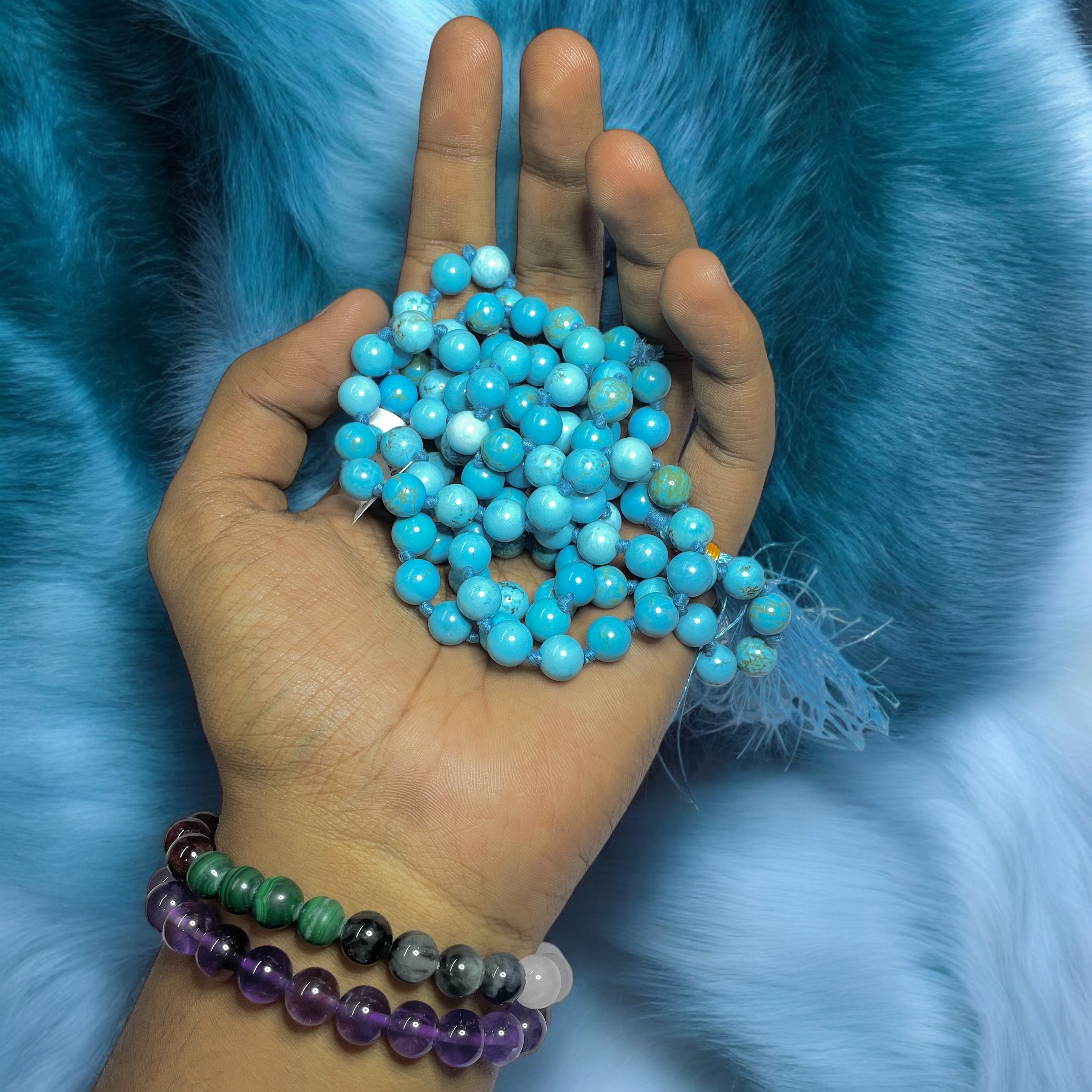 Rocksmins Turquoise Crystal Jaap Mala - 108+1 Beads 8 mm Beads for Pooja, Astrology for Wearing in Neck/Holding for Men Women Boys Girls