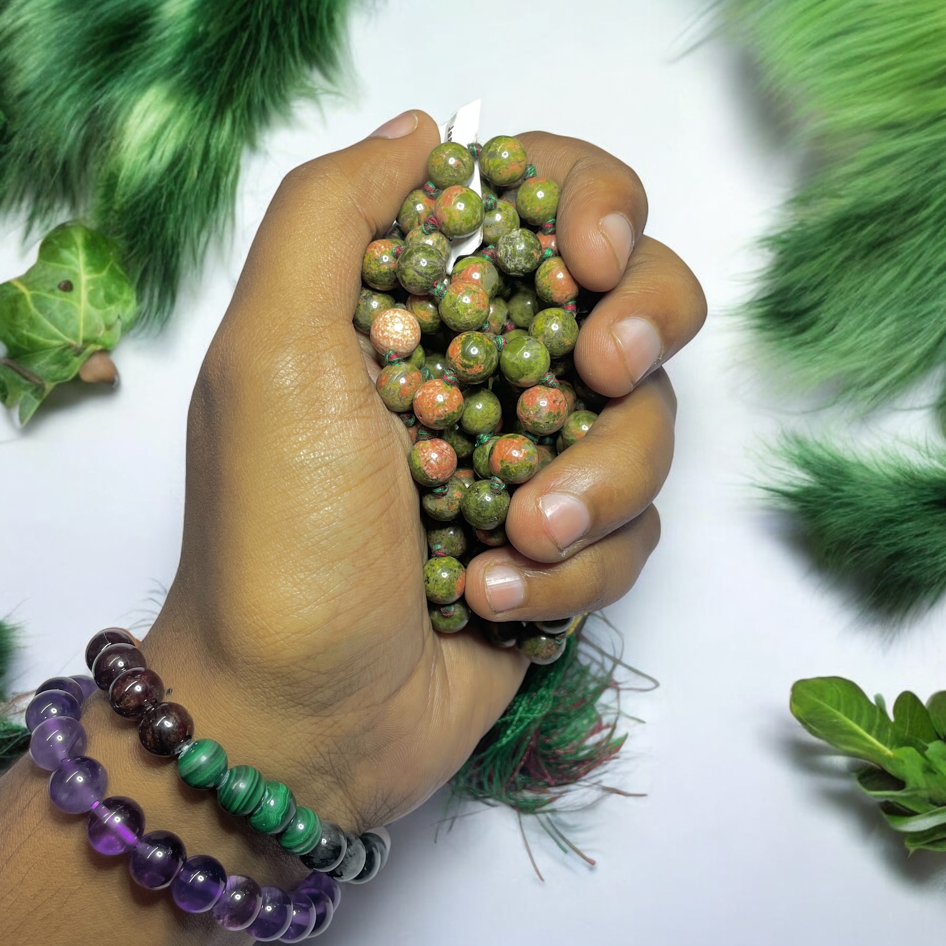 Rocksmins Unakite Crystal Jaap Mala - 108+1 Beads 8 mm Beads for Pooja, Astrology for Wearing in Neck/Holding for Men Women Boys Girls