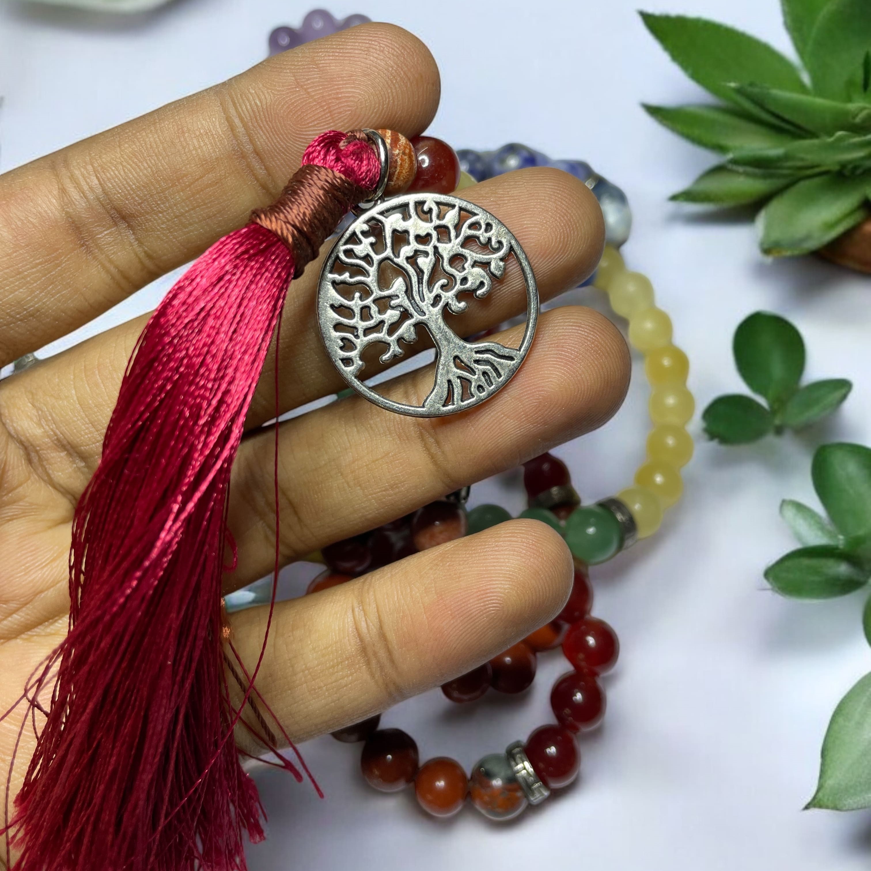 Rocksmins 7 Chakra With Charm Crystal Jaap Mala - 108+1 Beads 8 mm Beads for Pooja, Astrology for Wearing in Neck/Holding for Men Women Boys Girls