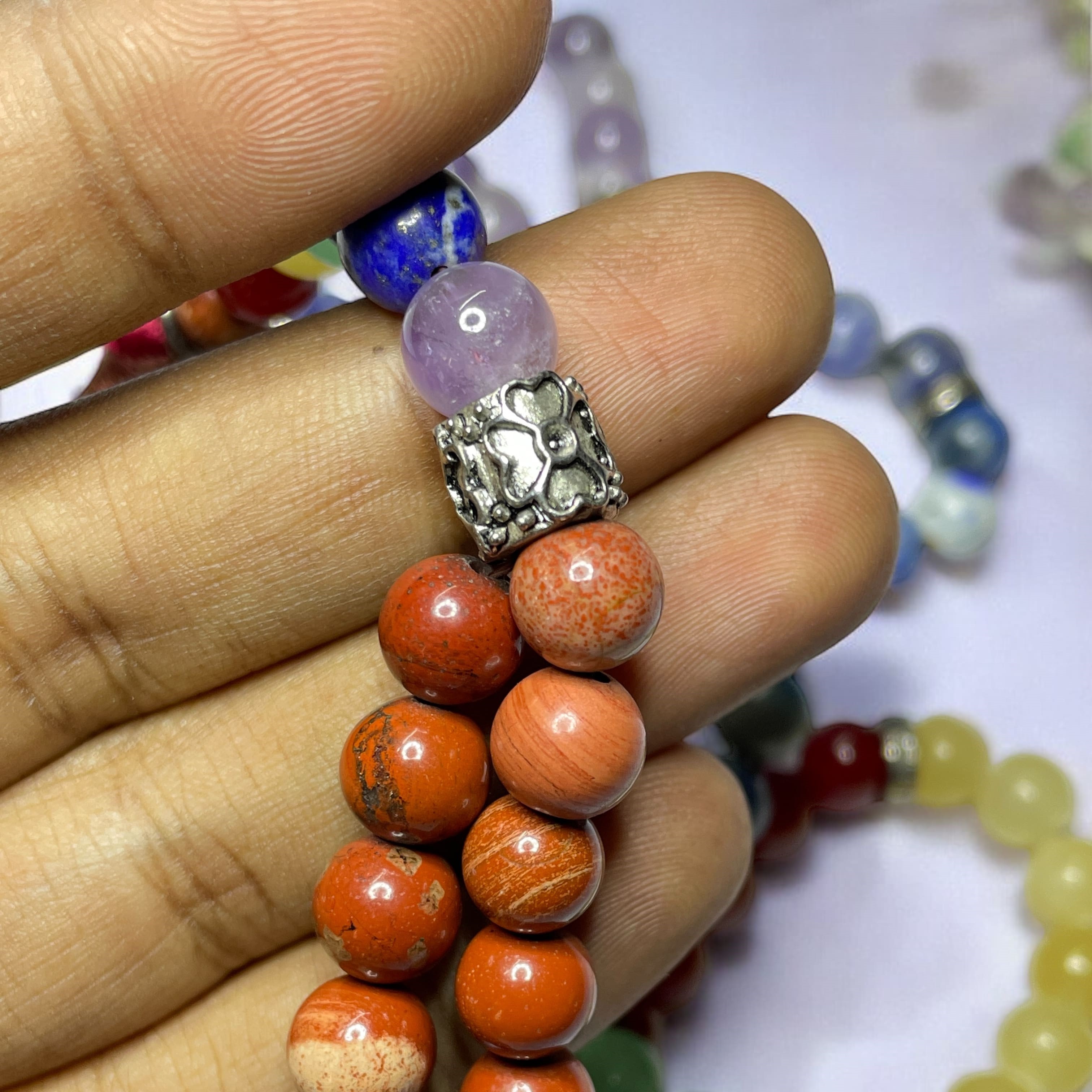 Rocksmins 7 Chakra With Charm Crystal Jaap Mala - 108+1 Beads 8 mm Beads for Pooja, Astrology for Wearing in Neck/Holding for Men Women Boys Girls