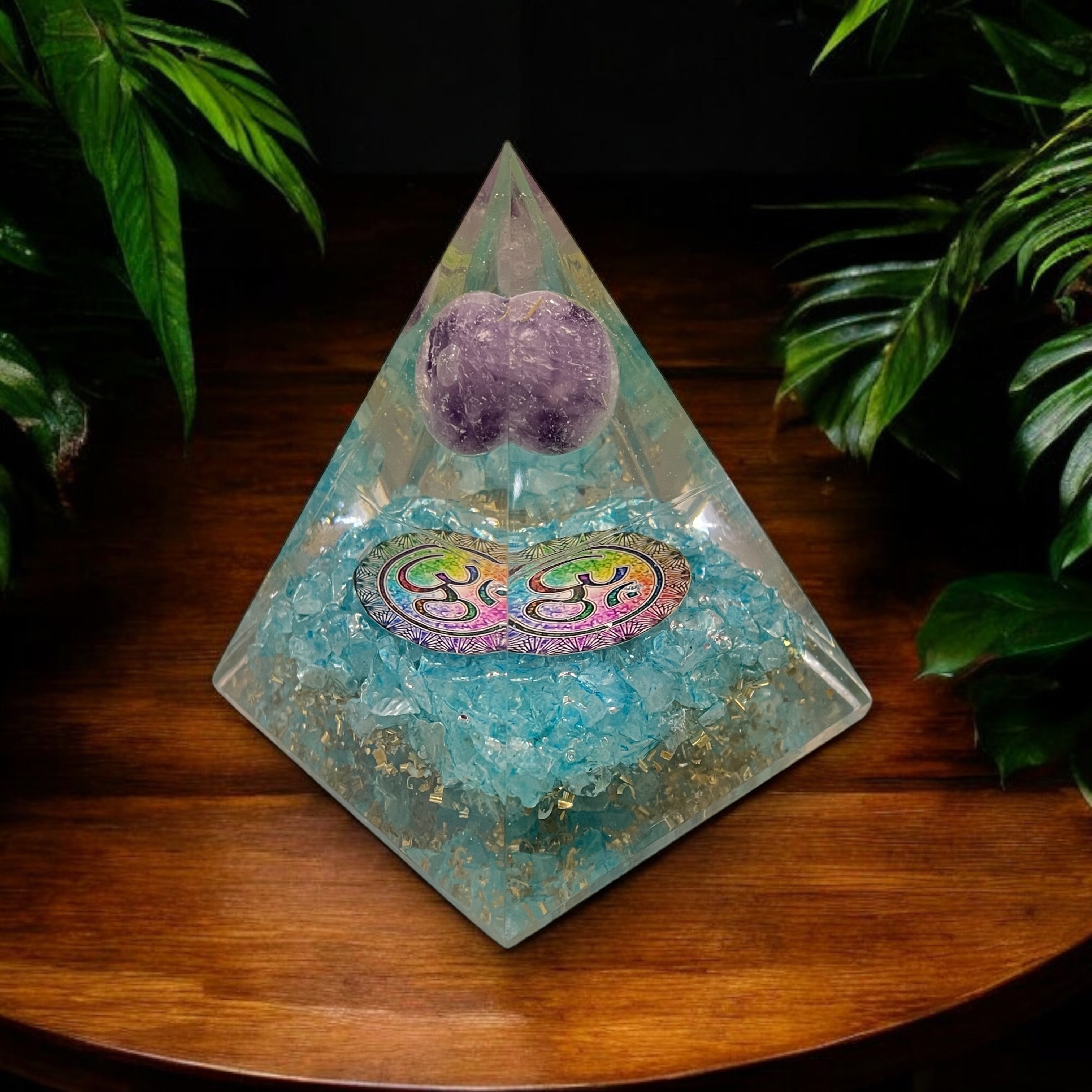 Rocksmins Blue Color Quartz + Amethyst Ball Orgone Crystal Pyramid for balancing energy, Removing Negative Energy, And Promoting Overall Well-Being