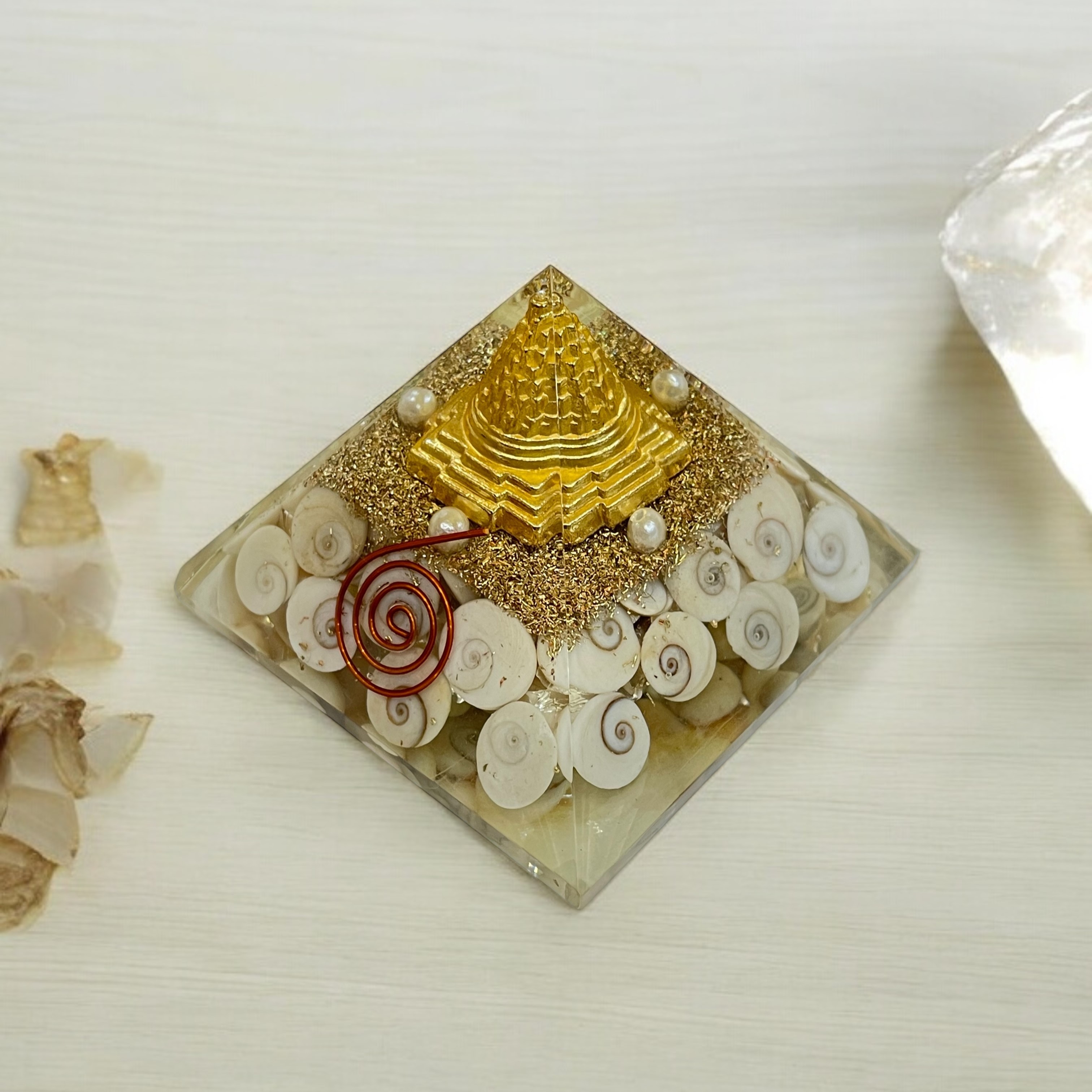 Rocksmins Gomti Chakra with Shree Yantra Orgone Crystal Pyramid for balancing energy, Removing Negative Energy, And Promoting Overall Well-Being