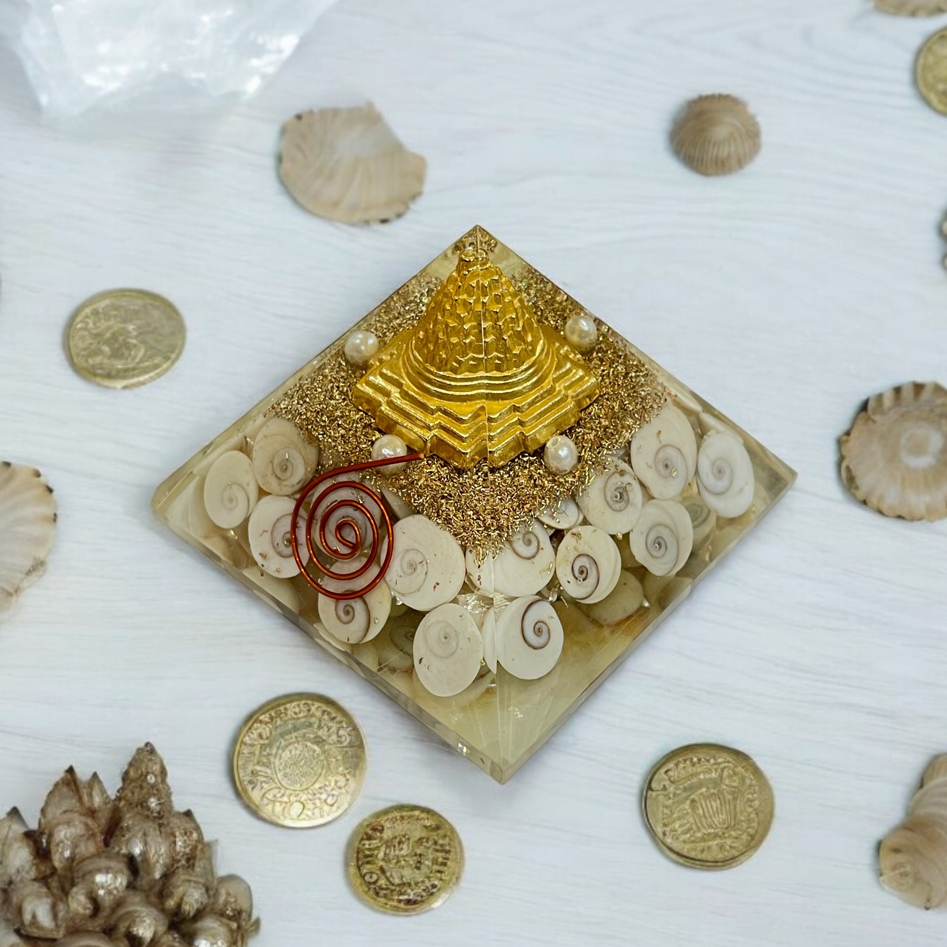 Rocksmins Gomti Chakra with Shree Yantra Orgone Crystal Pyramid for balancing energy, Removing Negative Energy, And Promoting Overall Well-Being