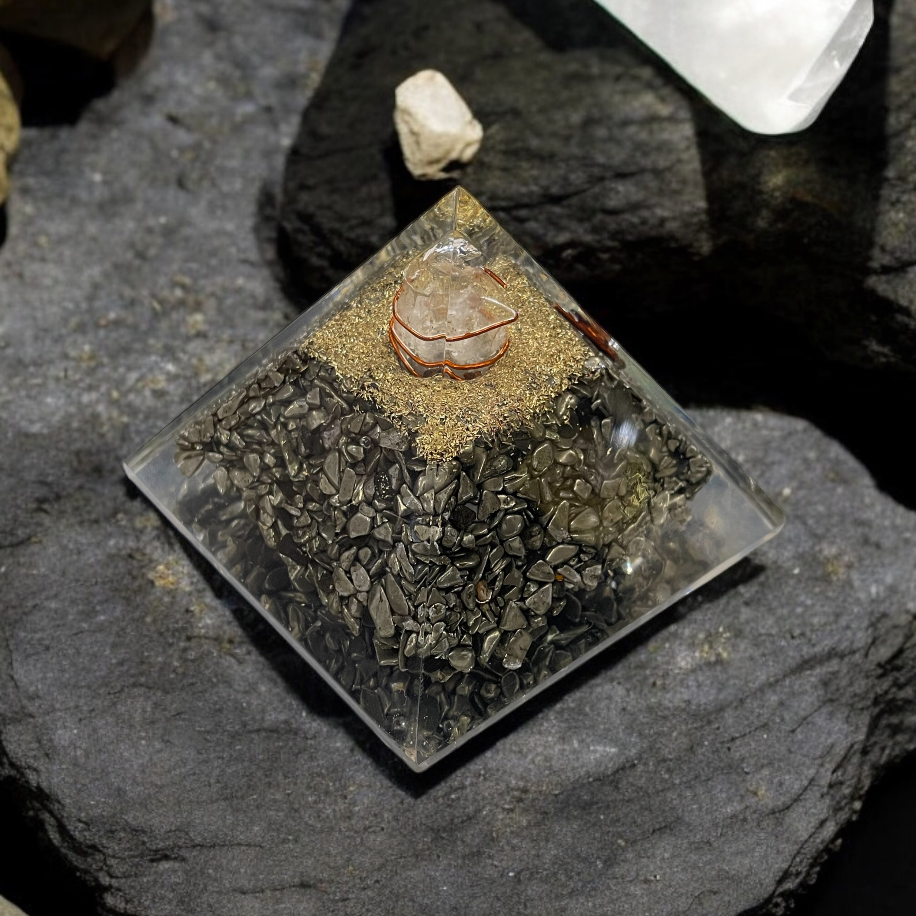 Rocksmins Pyrite Orgone Crystal Pyramid for balancing energy, Removing Negative Energy, And Promoting Overall Well-Being