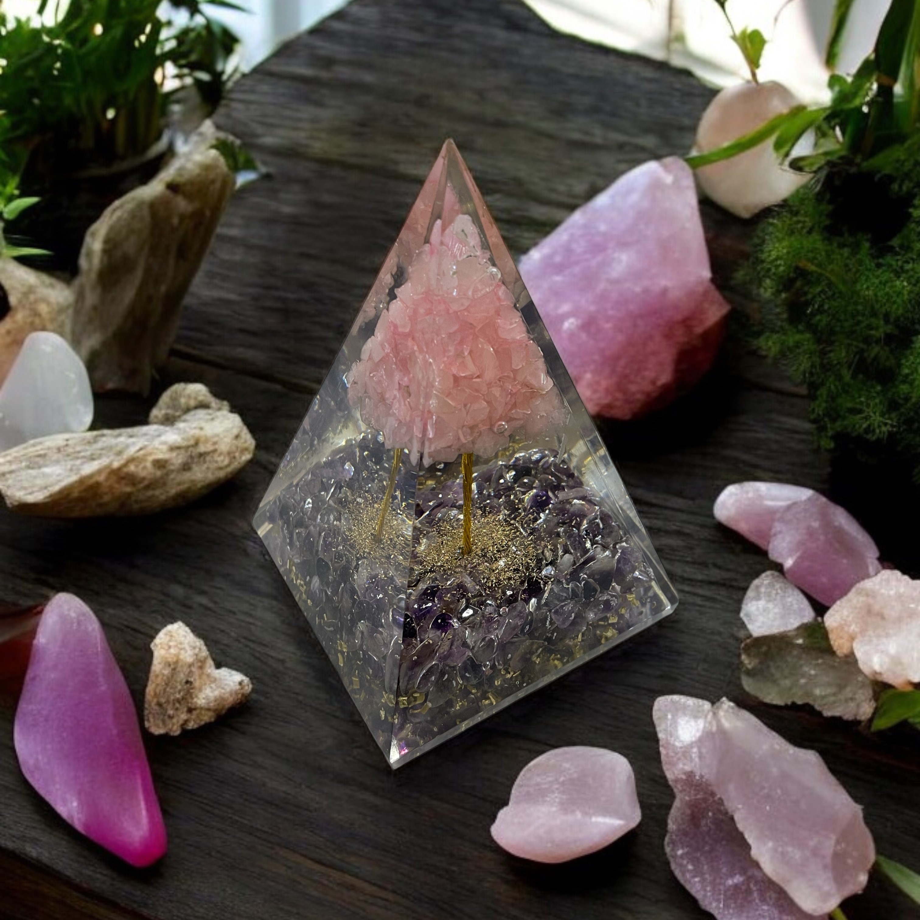 Rocksmins Pyrite chips with Rose Quartz tree Orgone Crystal Pyramid for balancing energy, Removing Negative Energy, And Promoting Overall Well-Being