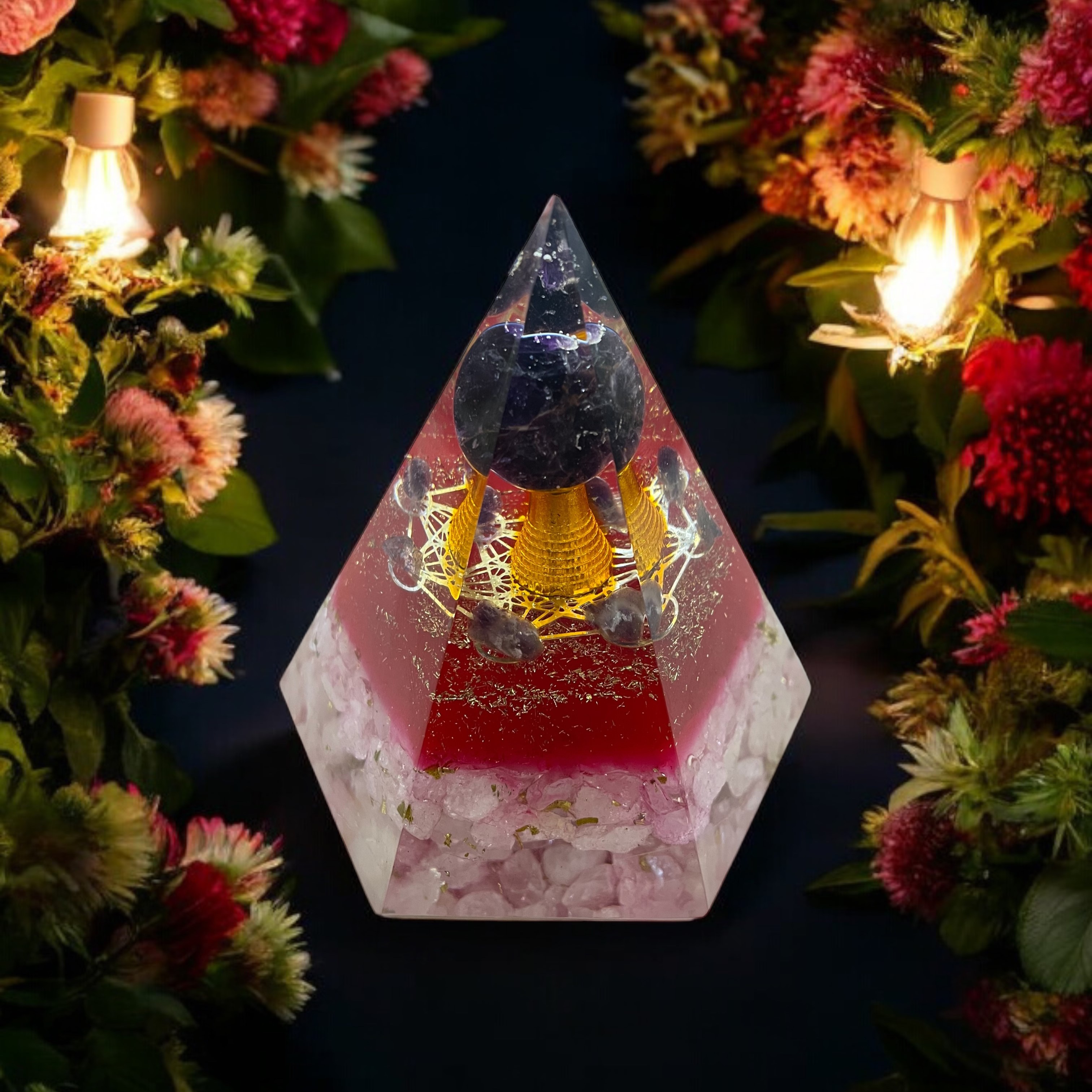 Rocksmins Rose Quartz Chips With Amethsyt Ball Orgone Crystal Pyramid for balancing energy, Removing Negative Energy, And Promoting Overall Well-Being