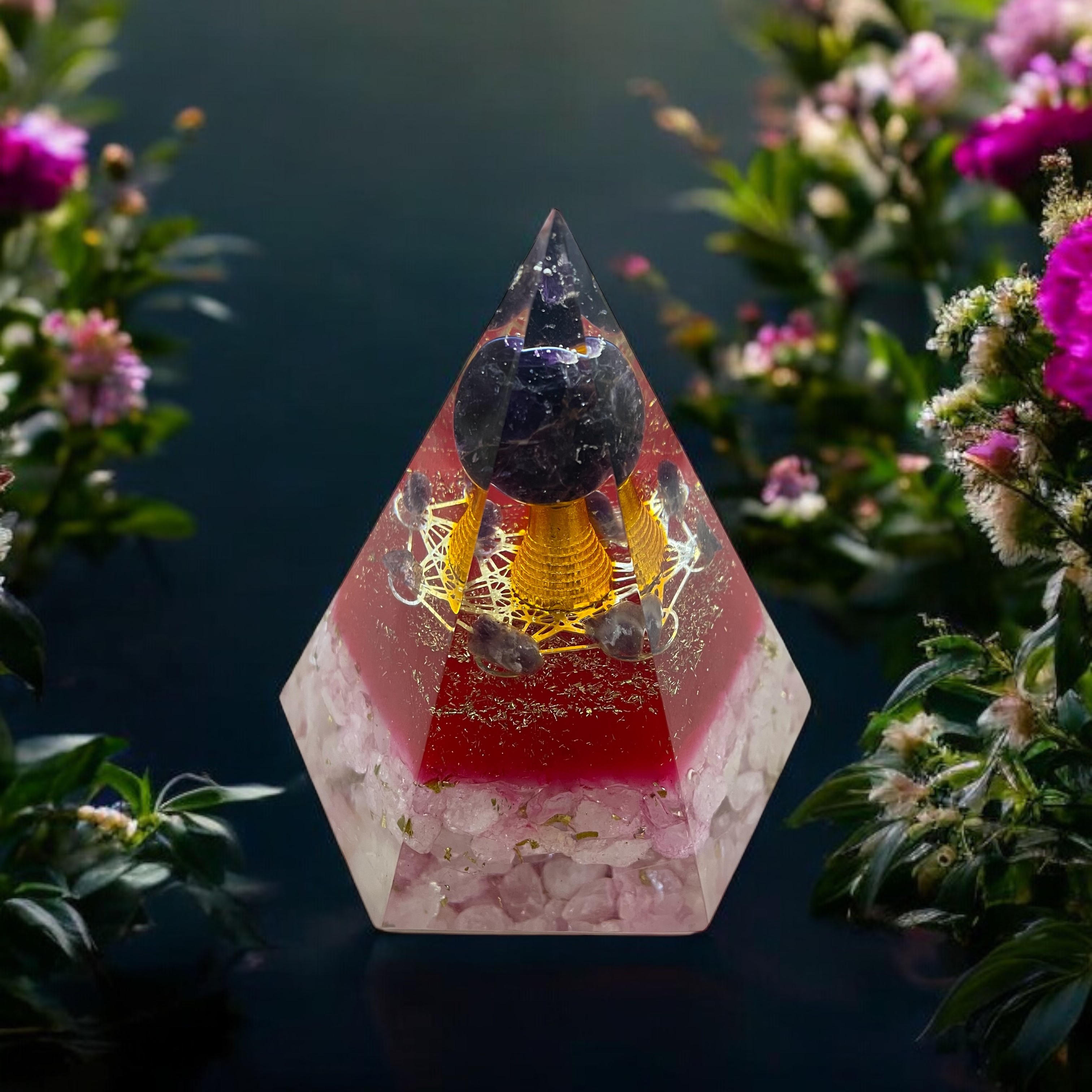 Rocksmins Rose Quartz Chips With Amethsyt Ball Orgone Crystal Pyramid for balancing energy, Removing Negative Energy, And Promoting Overall Well-Being
