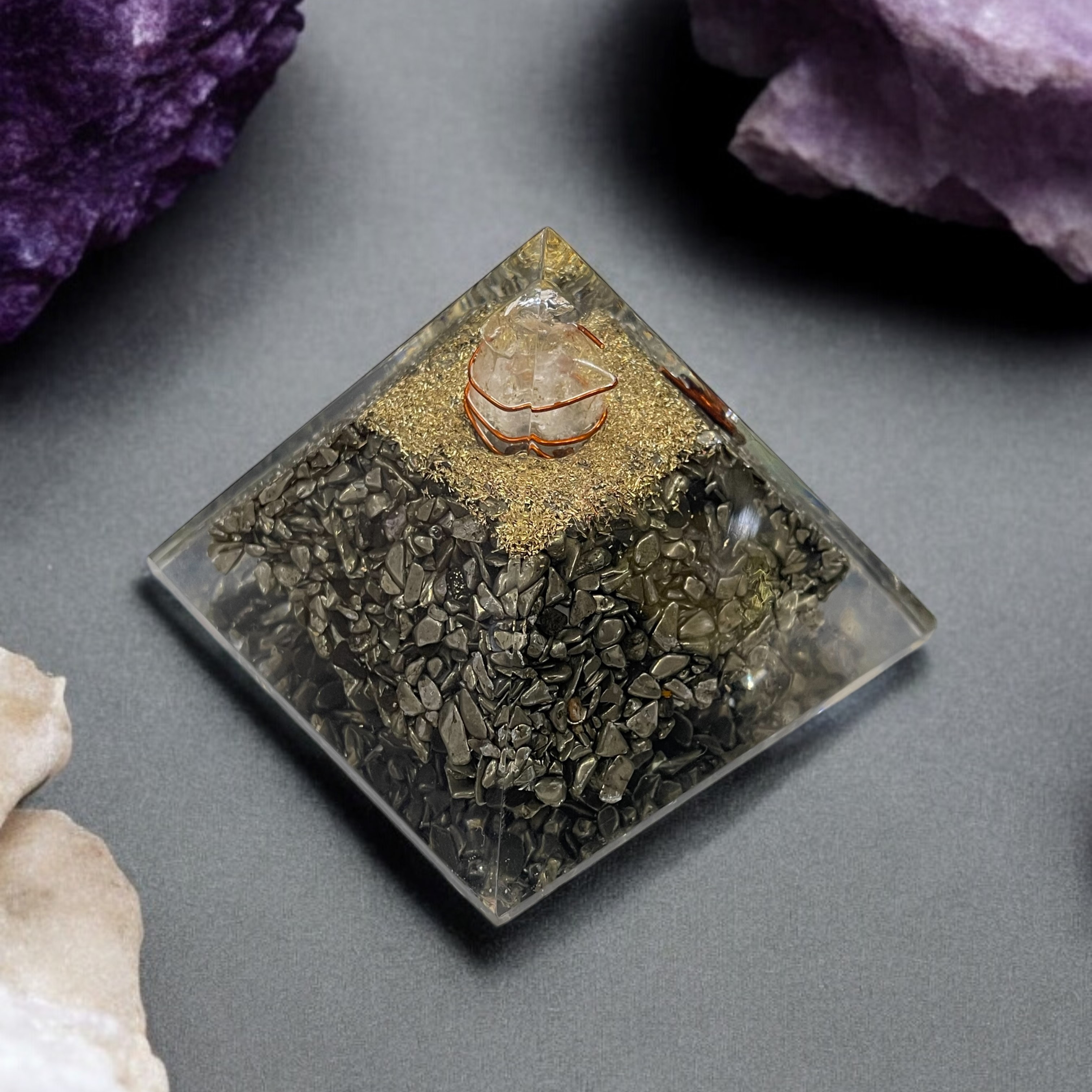 Rocksmins Pyrite Orgone Crystal Pyramid for balancing energy, Removing Negative Energy, And Promoting Overall Well-Being