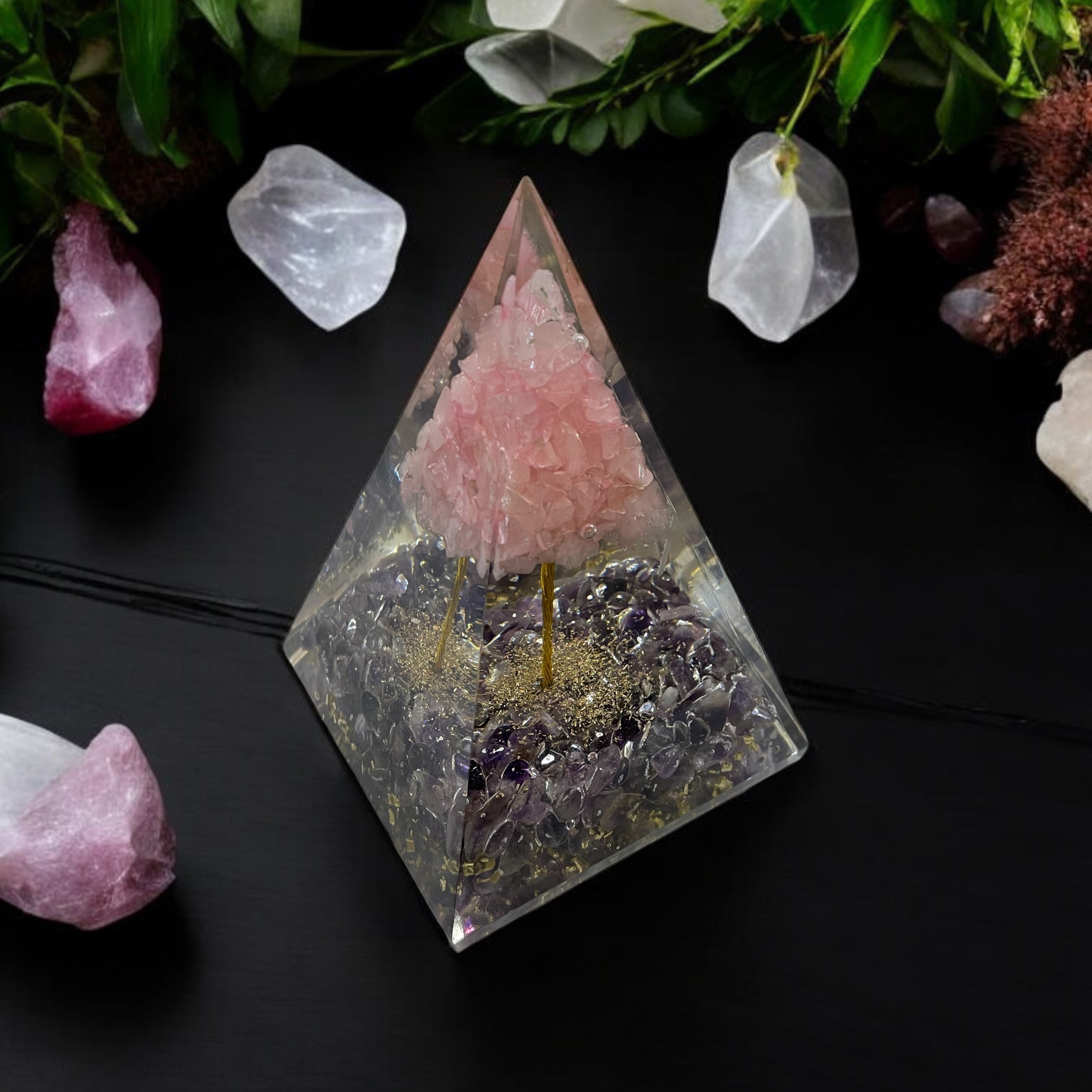 Rocksmins Pyrite chips with Rose Quartz tree Orgone Crystal Pyramid for balancing energy, Removing Negative Energy, And Promoting Overall Well-Being