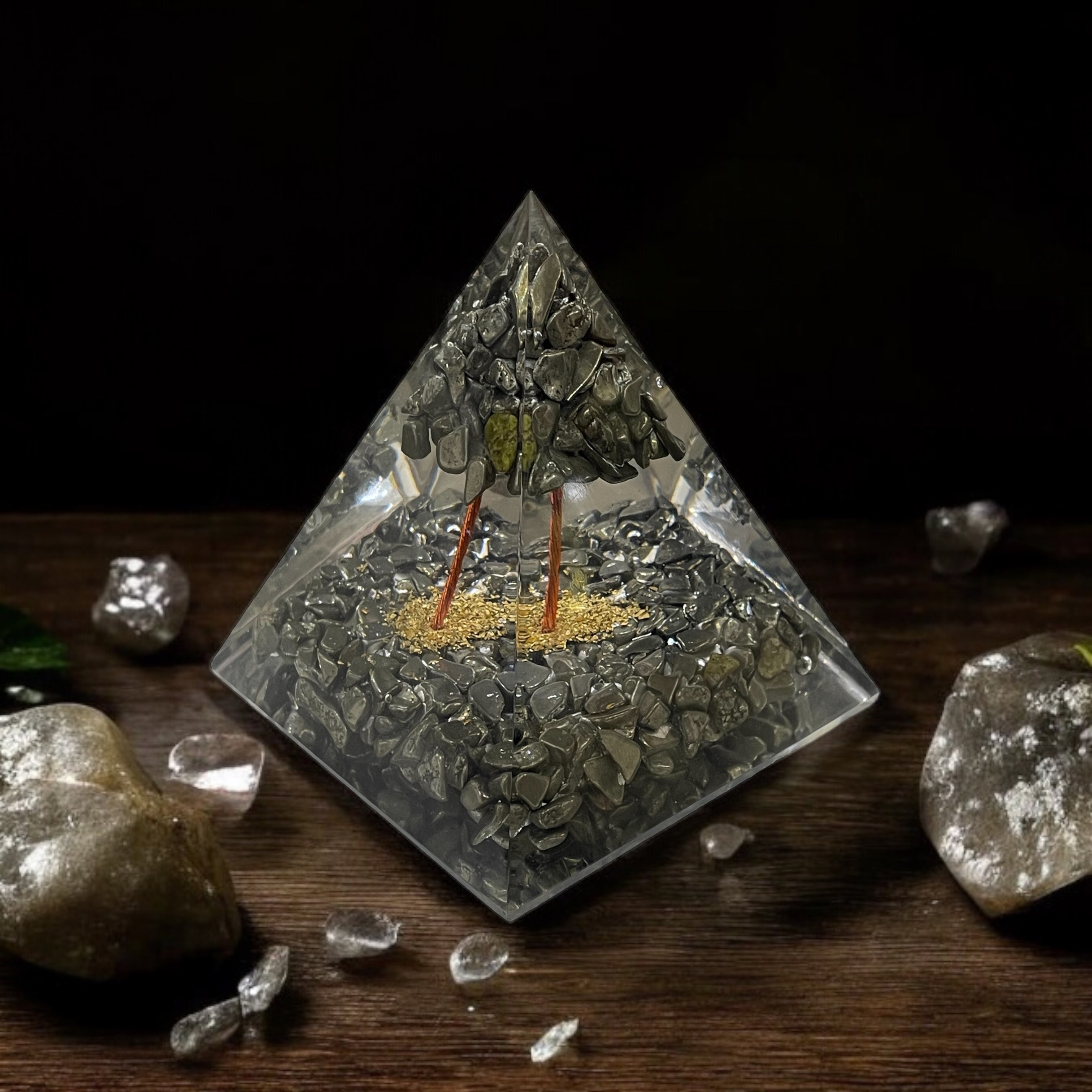 Rocksmins Pyrite chips with Pyrite tree Orgone Crystal Pyramid for balancing energy, Removing Negative Energy, And Promoting Overall Well-Being