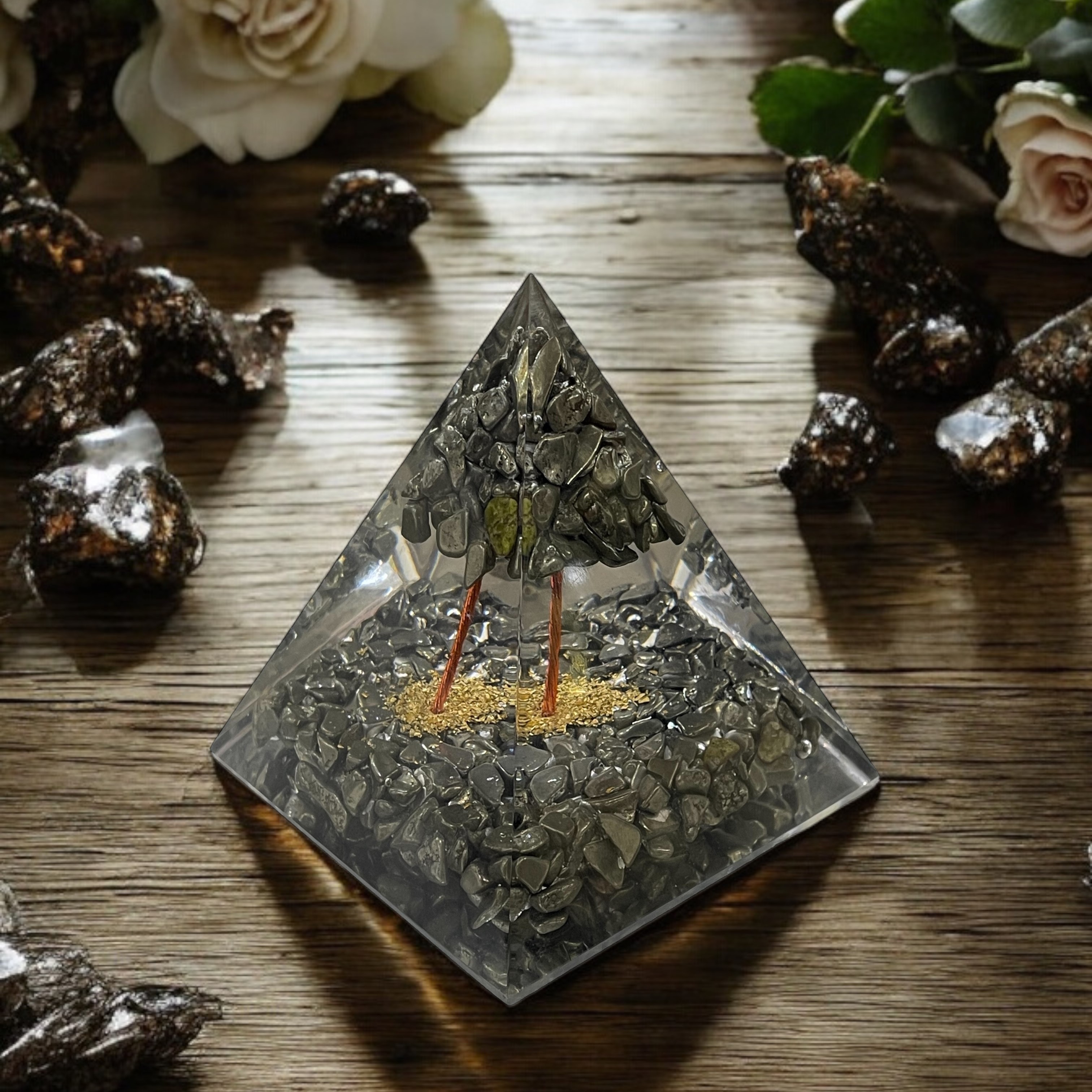 Rocksmins Pyrite chips with Pyrite tree Orgone Crystal Pyramid for balancing energy, Removing Negative Energy, And Promoting Overall Well-Being