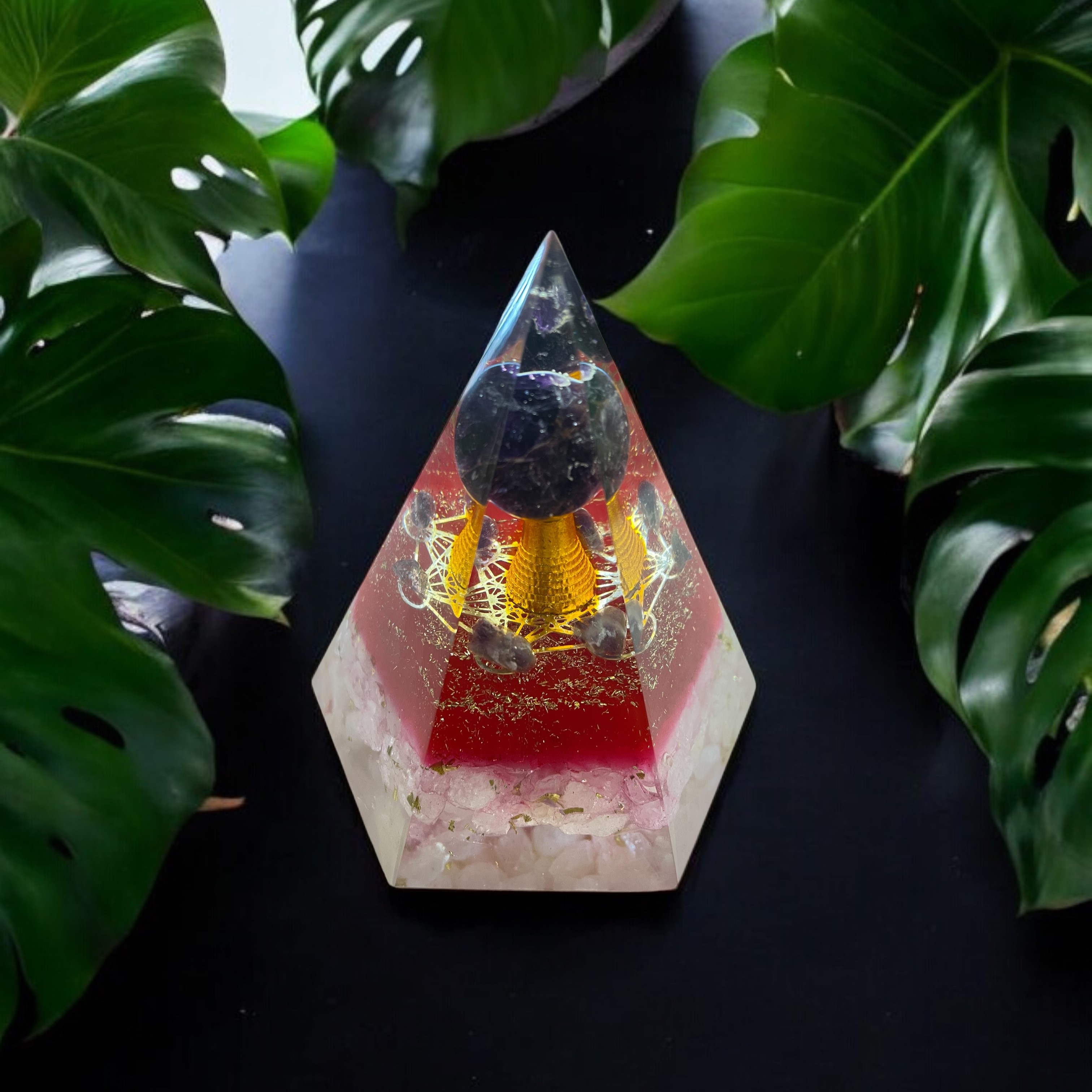 Rocksmins Rose Quartz Chips With Amethsyt Ball Orgone Crystal Pyramid for balancing energy, Removing Negative Energy, And Promoting Overall Well-Being