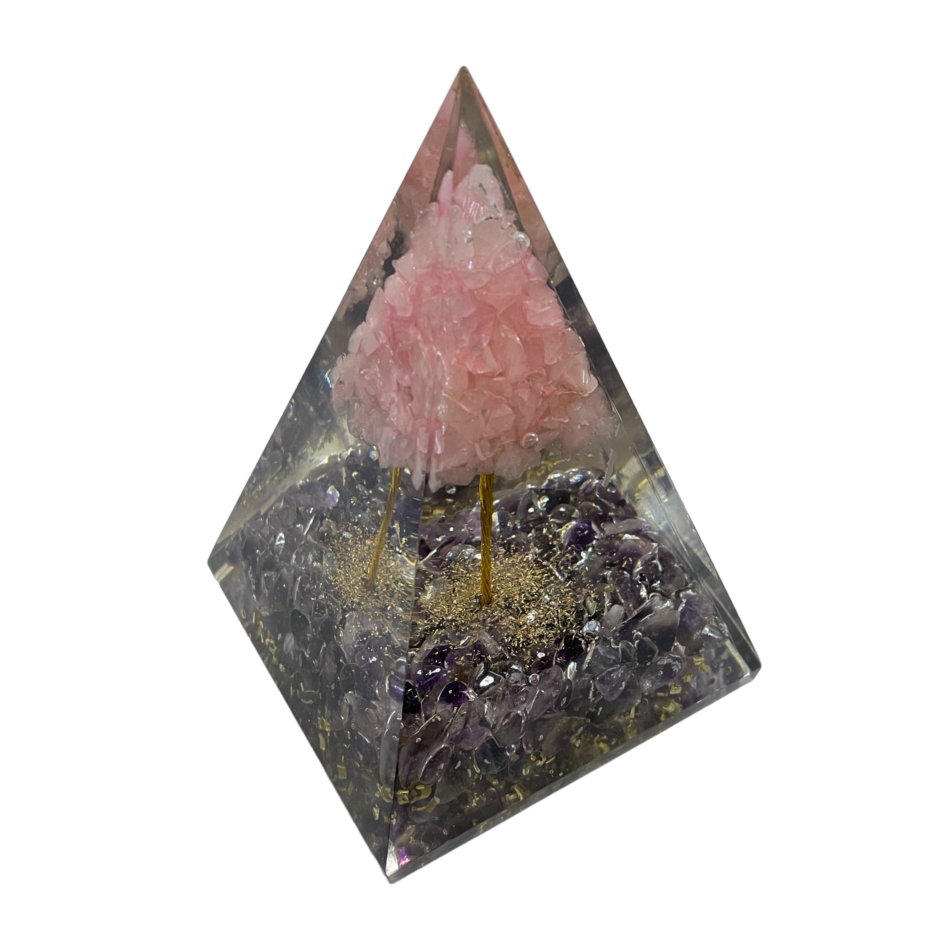Rocksmins Pyrite chips with Rose Quartz tree Orgone Crystal Pyramid for balancing energy, Removing Negative Energy, And Promoting Overall Well-Being