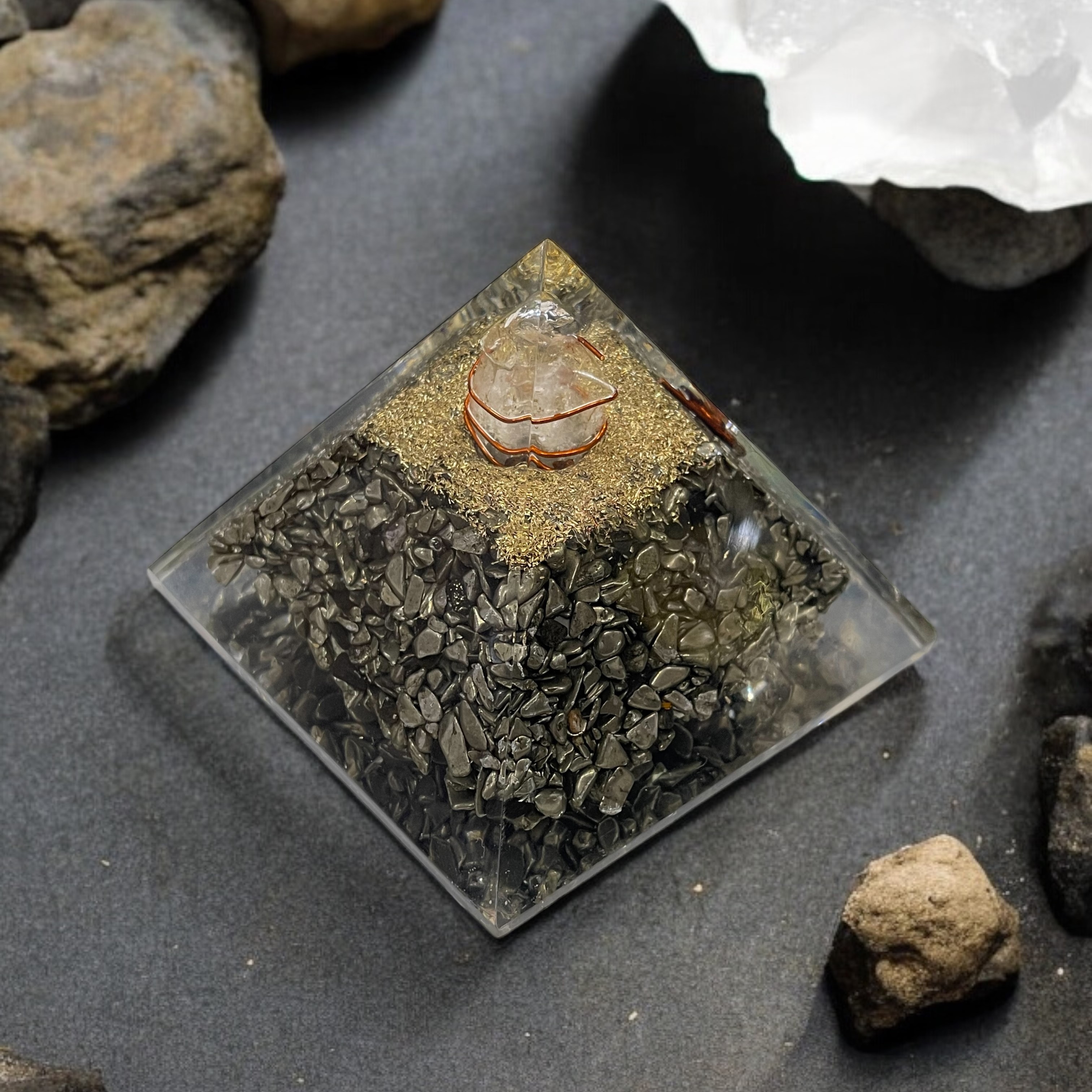 Rocksmins Pyrite Orgone Crystal Pyramid for balancing energy, Removing Negative Energy, And Promoting Overall Well-Being