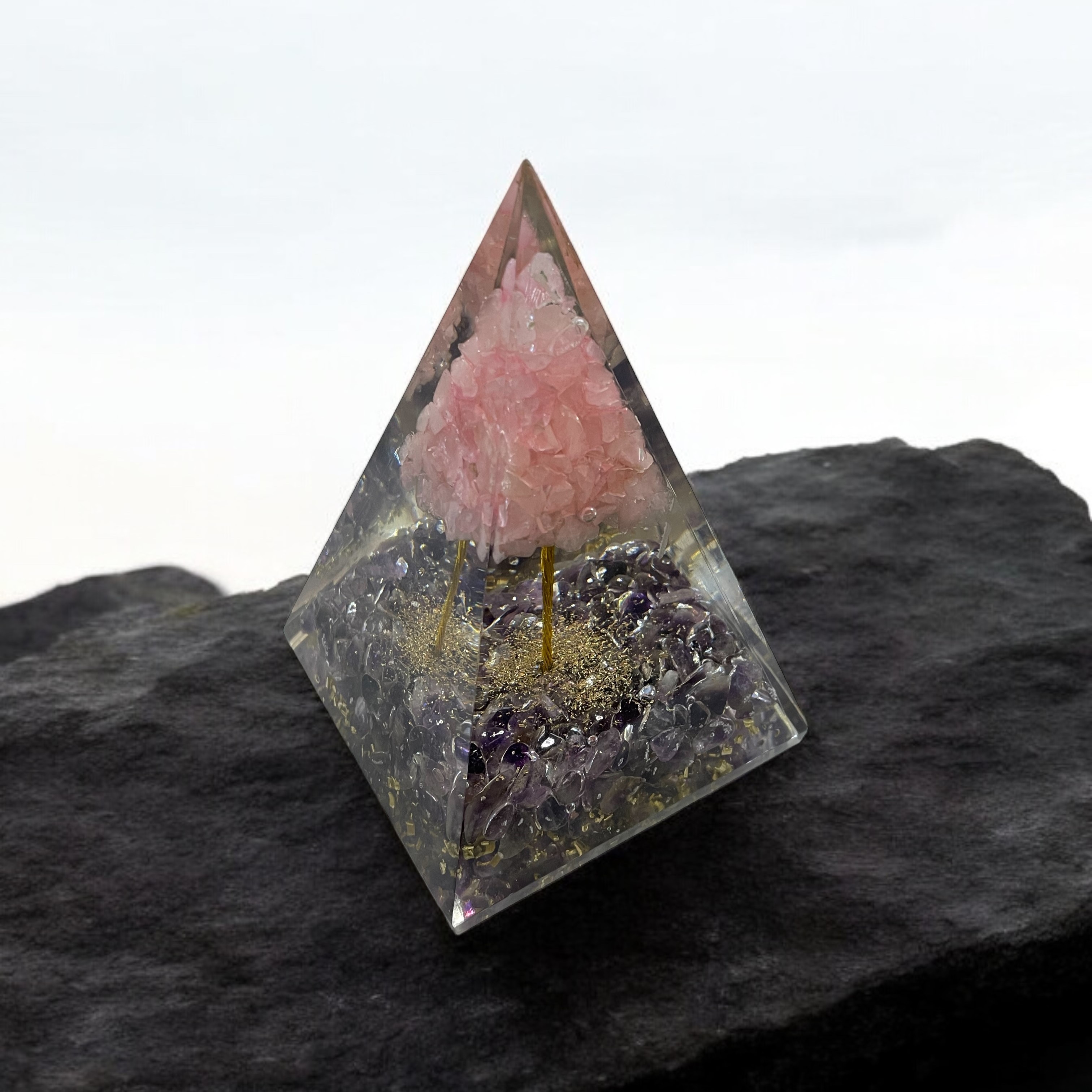 Rocksmins Pyrite chips with Rose Quartz tree Orgone Crystal Pyramid for balancing energy, Removing Negative Energy, And Promoting Overall Well-Being