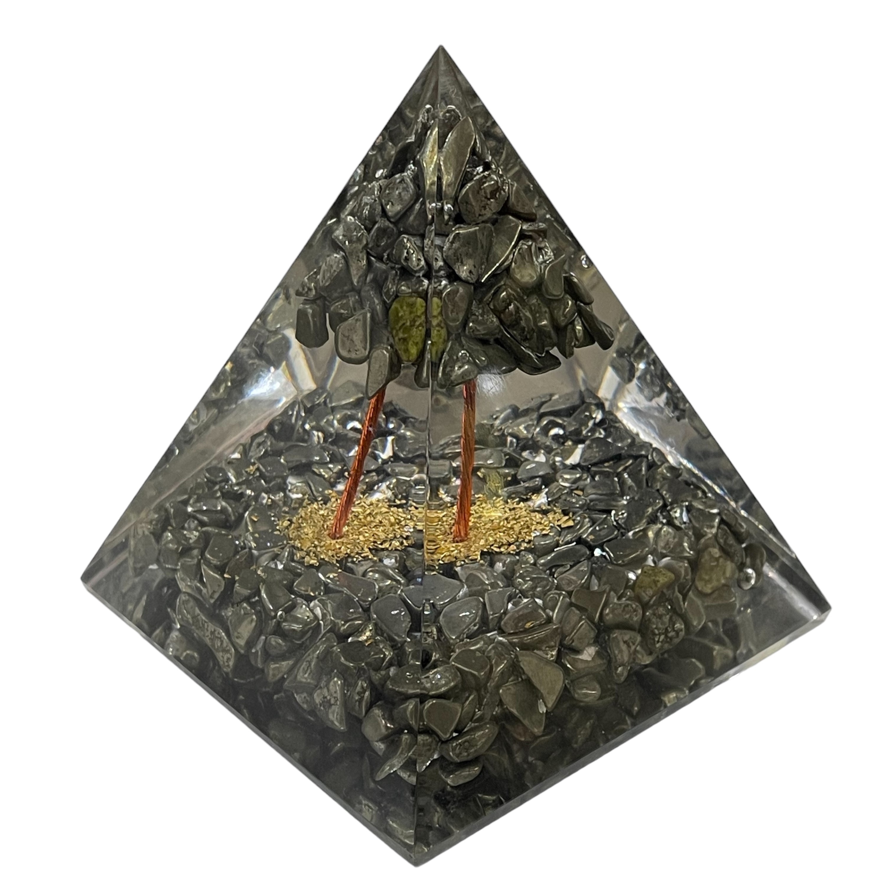 Rocksmins Pyrite chips with Pyrite tree Orgone Crystal Pyramid for balancing energy, Removing Negative Energy, And Promoting Overall Well-Being