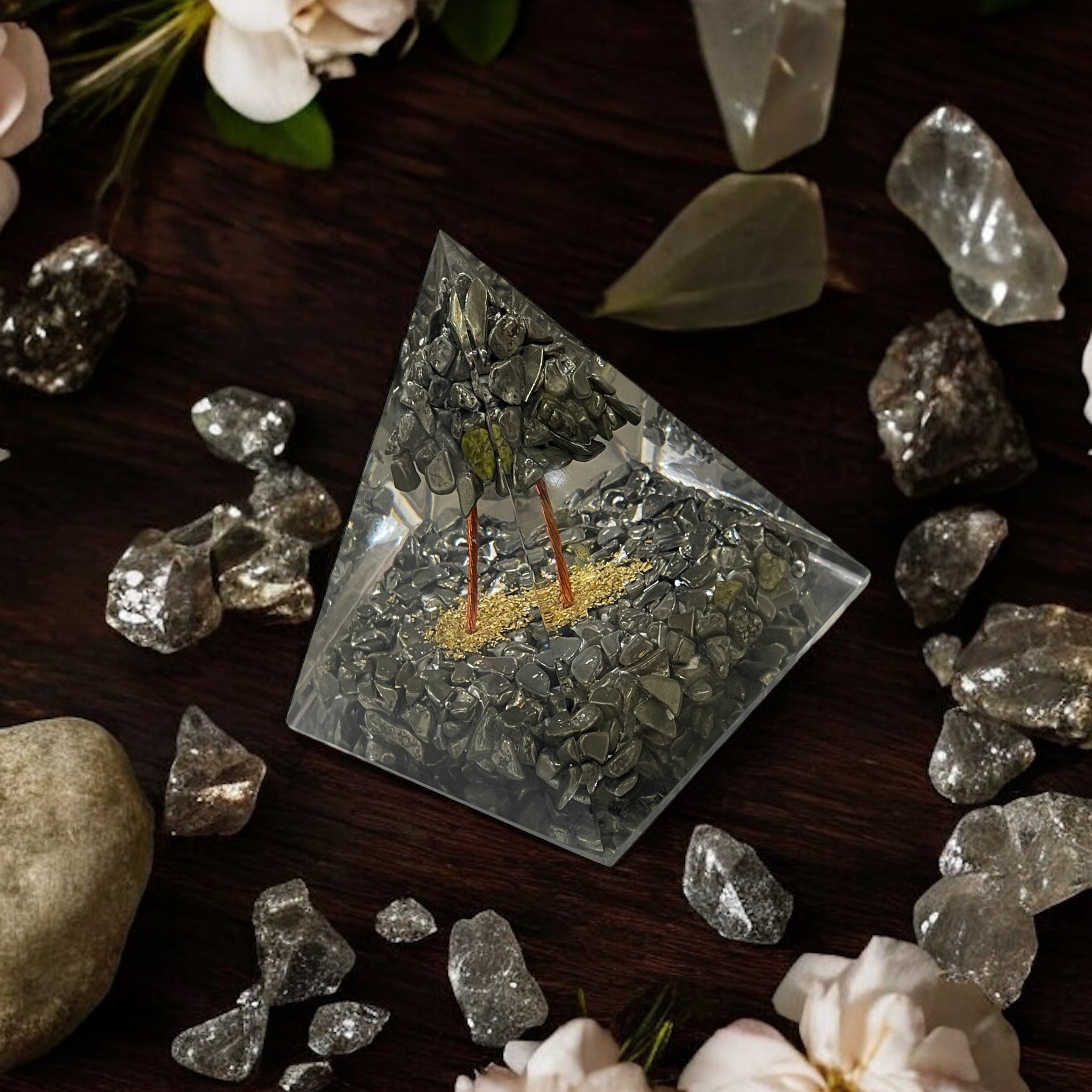 Rocksmins Pyrite chips with Pyrite tree Orgone Crystal Pyramid for balancing energy, Removing Negative Energy, And Promoting Overall Well-Being