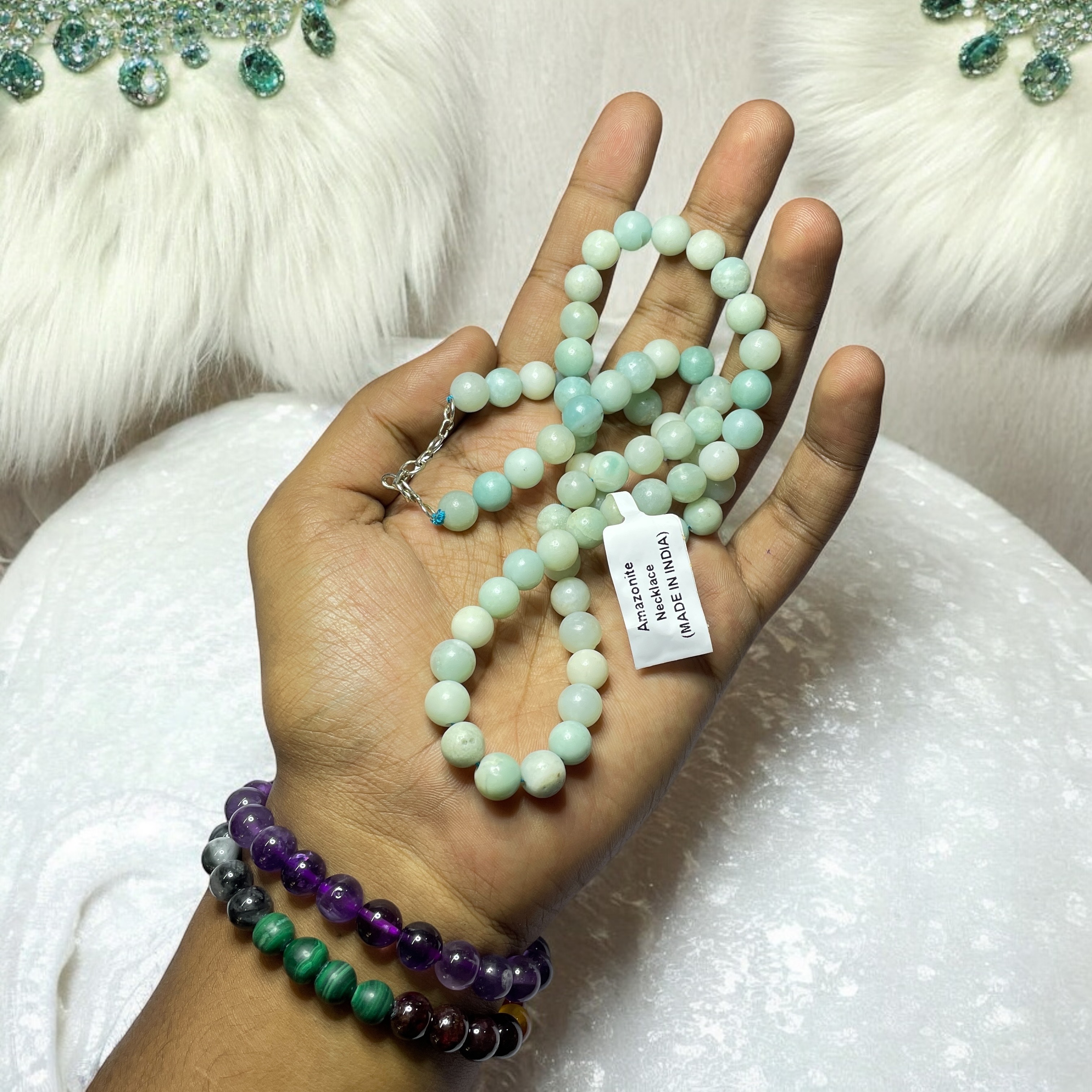 Amazonite Crystal Necklace. Discover the Power of Natural Crystals with Rocksmins: Elegantly Crafted Crystal Necklaces Infused with Authentic Energies for Enhanced Well-Being and Spiritual Growth