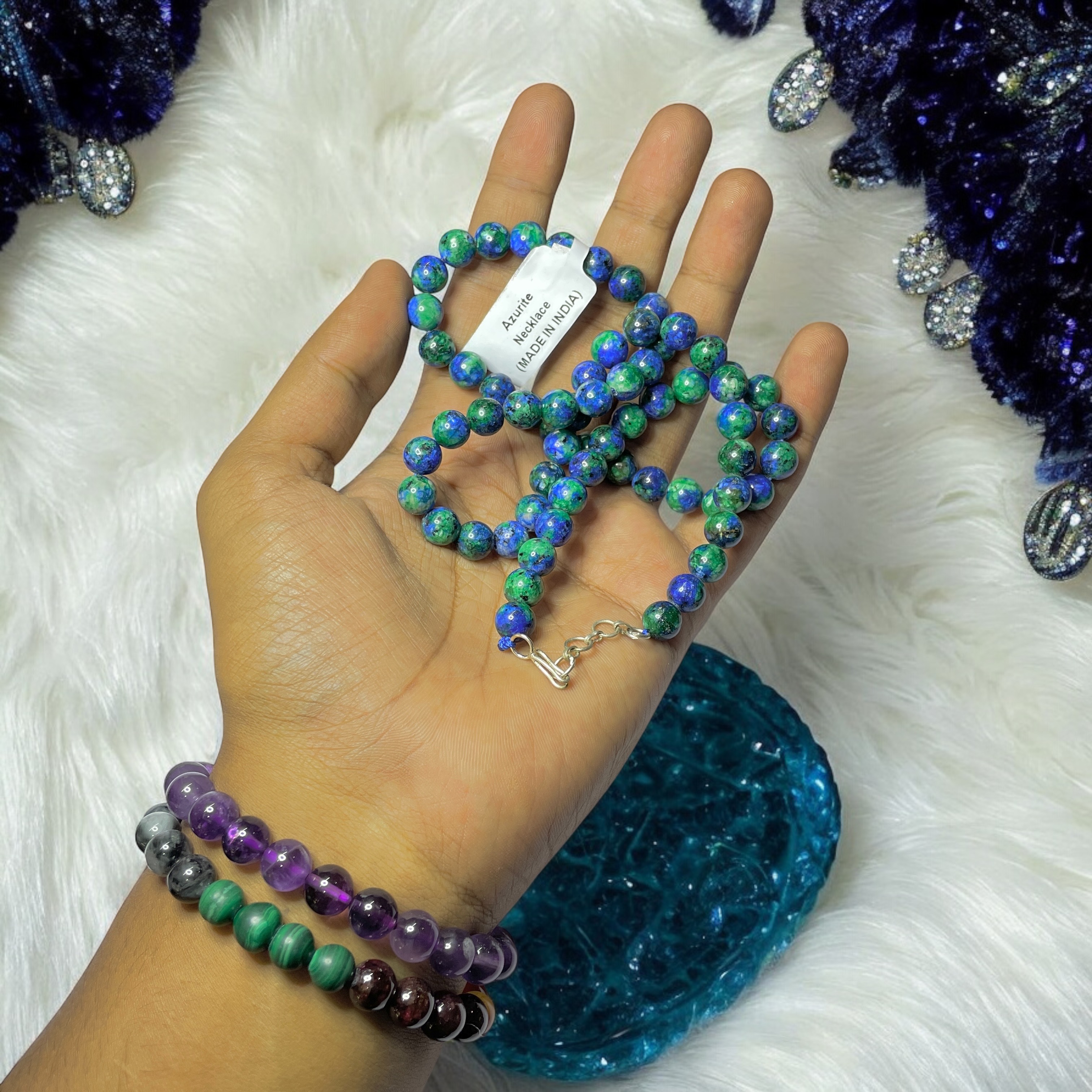 Azurite Crystal Necklace. Discover the Power of Natural Crystals with Rocksmins: Elegantly Crafted Crystal Necklaces Infused with Authentic Energies for Enhanced Well-Being and Spiritual Growth