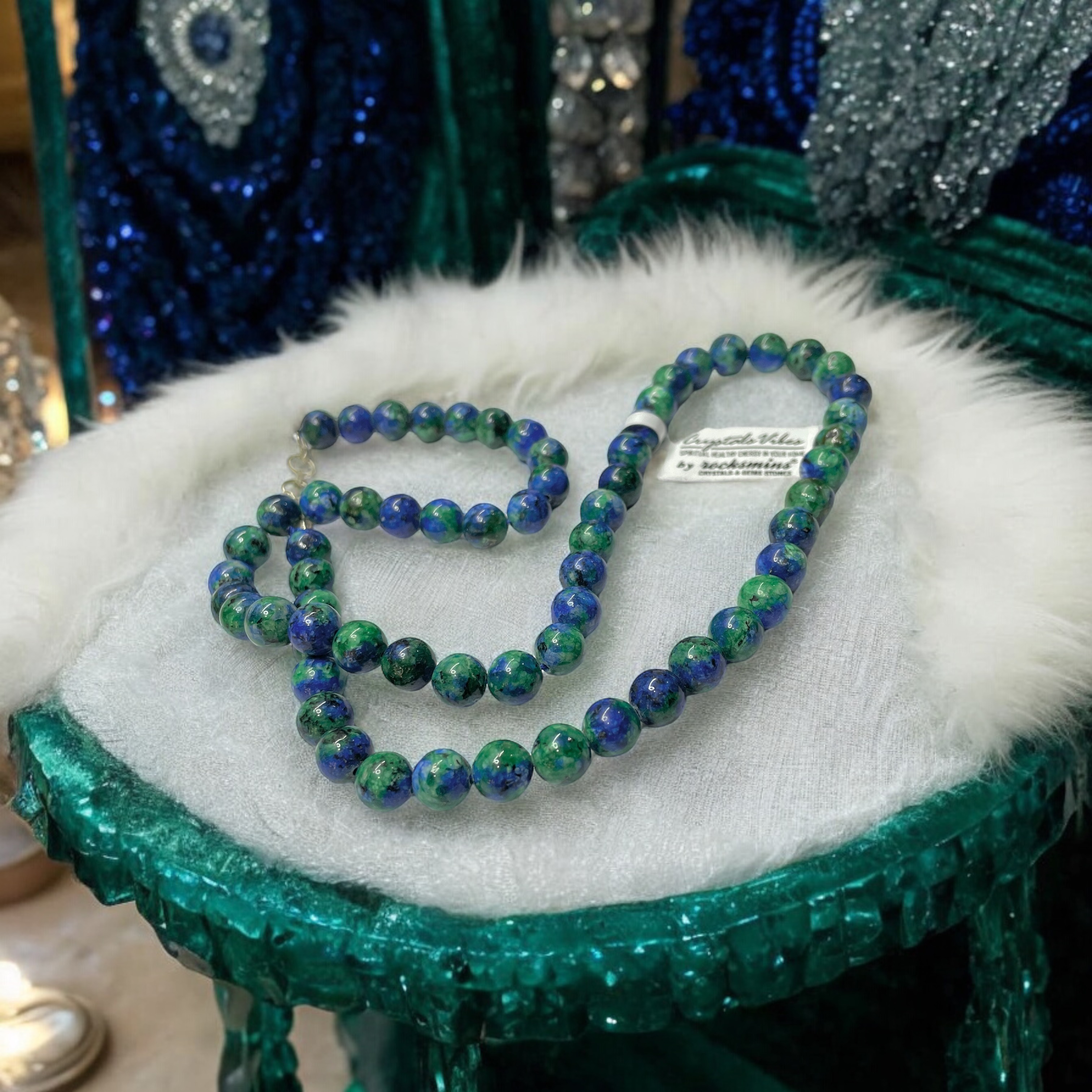 Azurite Crystal Necklace. Discover the Power of Natural Crystals with Rocksmins: Elegantly Crafted Crystal Necklaces Infused with Authentic Energies for Enhanced Well-Being and Spiritual Growth