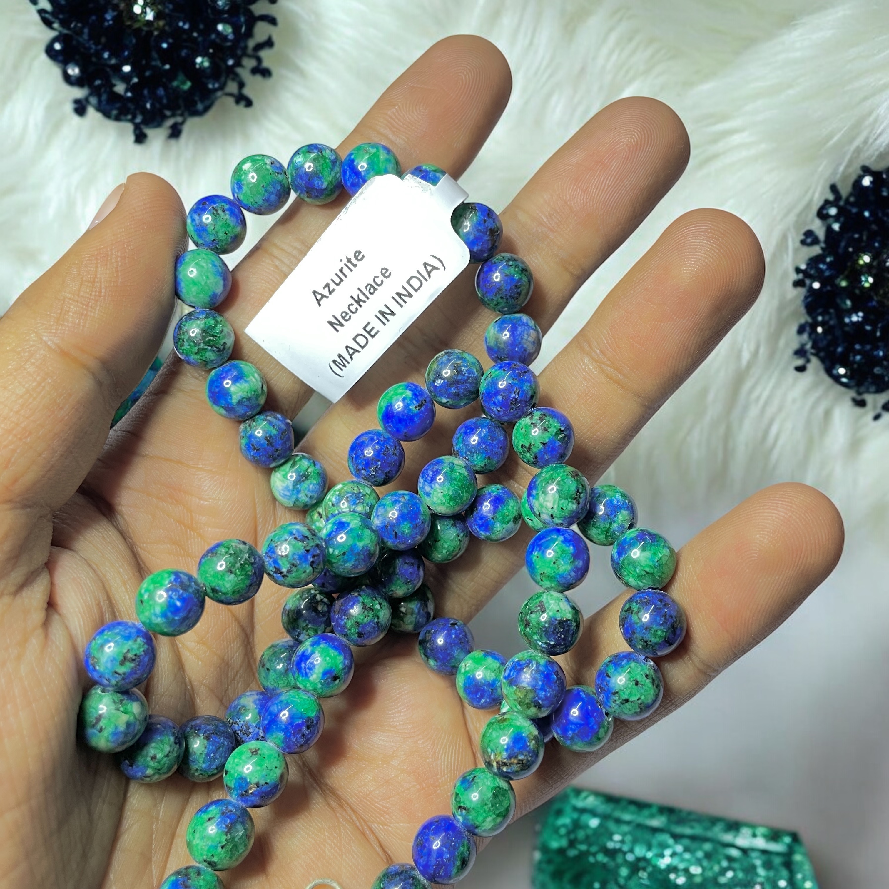 Azurite Crystal Necklace. Discover the Power of Natural Crystals with Rocksmins: Elegantly Crafted Crystal Necklaces Infused with Authentic Energies for Enhanced Well-Being and Spiritual Growth