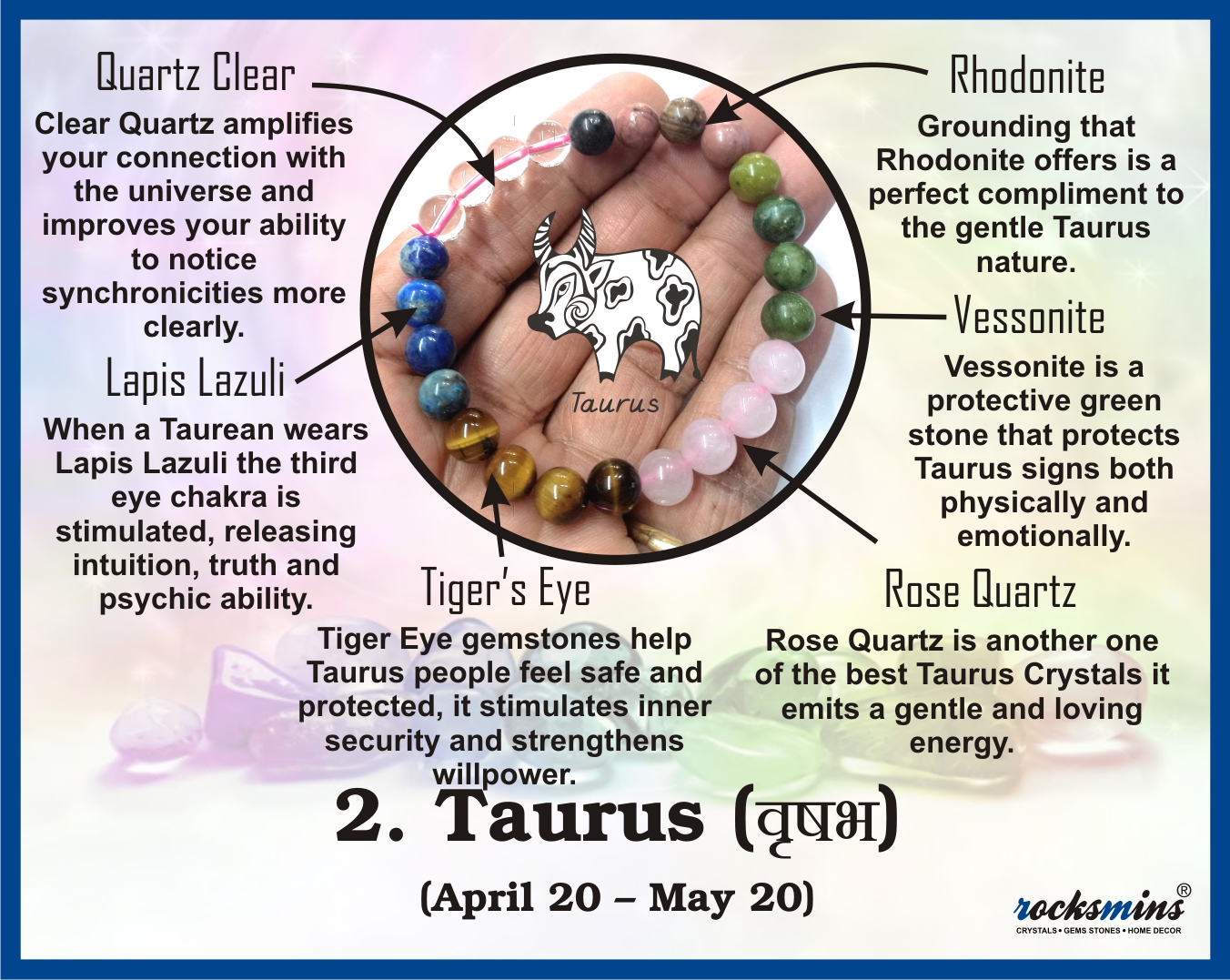 02 Rocksmins Bracelet for Taurus (Vrishabh) Zodiac Sign Natural Original Crystal Real Stone for Men Women Boy Girl Unisex 8mm Beads Stretchable