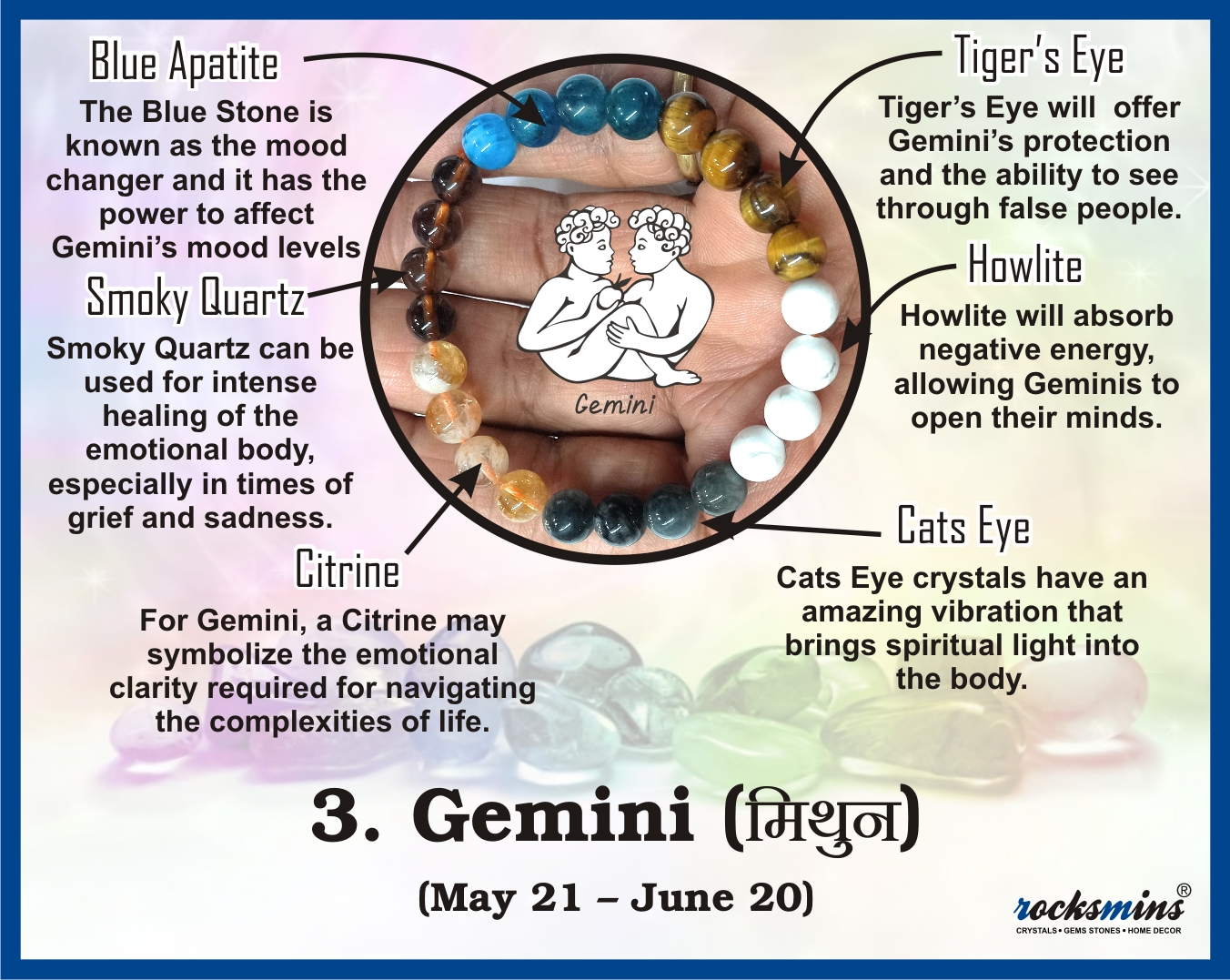 03 Rocksmins Bracelet for Gemini (Mithun) Zodiac Sign Natural Original Crystal Real Stone for Men Women Boy Girl Unisex 8mm Beads Stretchable