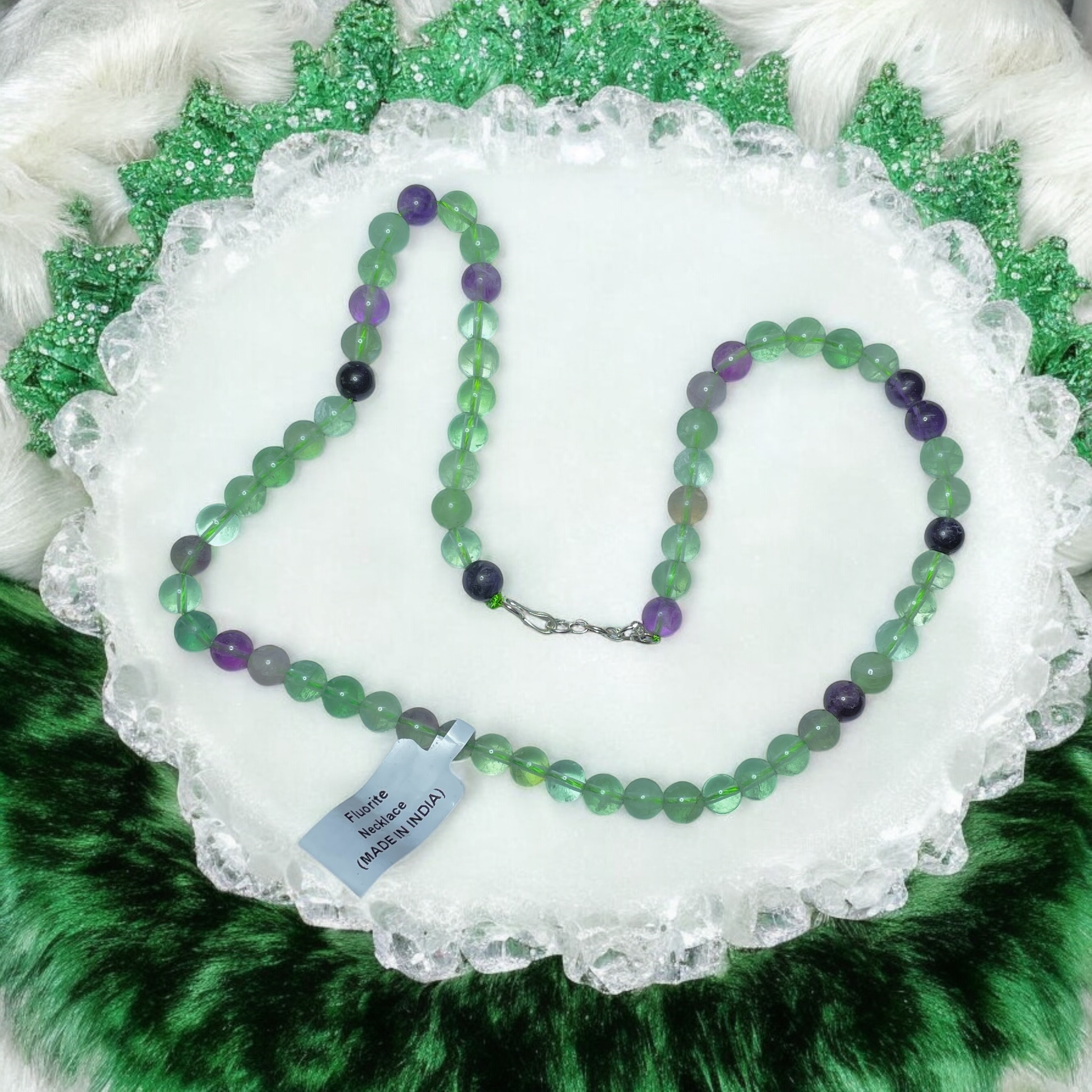 Fluorite Crystal Necklace. Discover the Power of Natural Crystals with Rocksmins: Elegantly Crafted Crystal Necklaces Infused with Authentic Energies for Enhanced Well-Being and Spiritual Growth