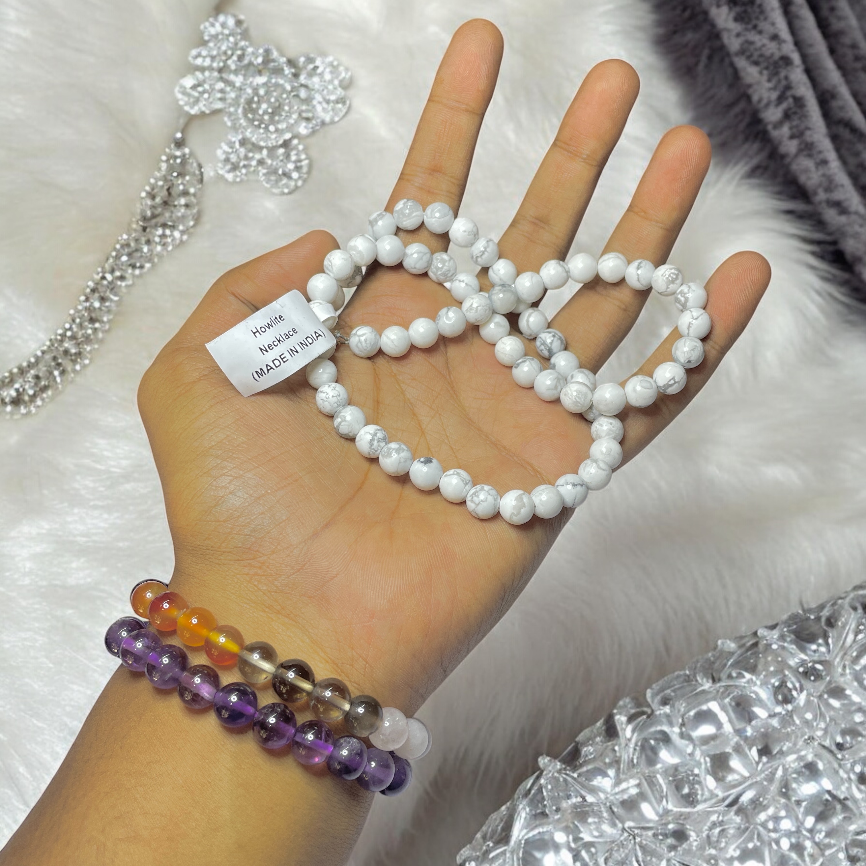 Howlite Crystal Necklace. Discover the Power of Natural Crystals with Rocksmins: Elegantly Crafted Crystal Necklaces Infused with Authentic Energies for Enhanced Well-Being and Spiritual Growth