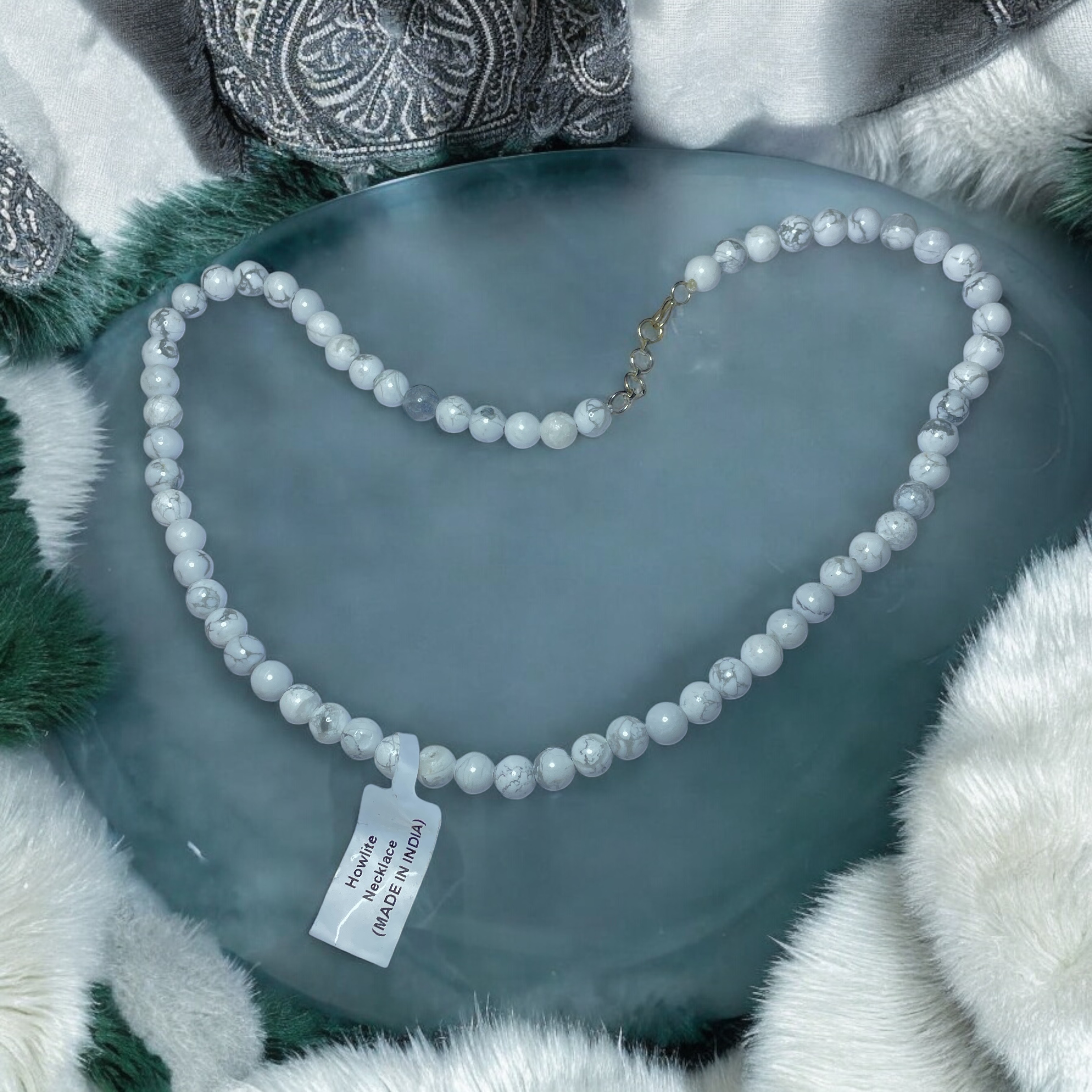 Howlite Crystal Necklace. Discover the Power of Natural Crystals with Rocksmins: Elegantly Crafted Crystal Necklaces Infused with Authentic Energies for Enhanced Well-Being and Spiritual Growth