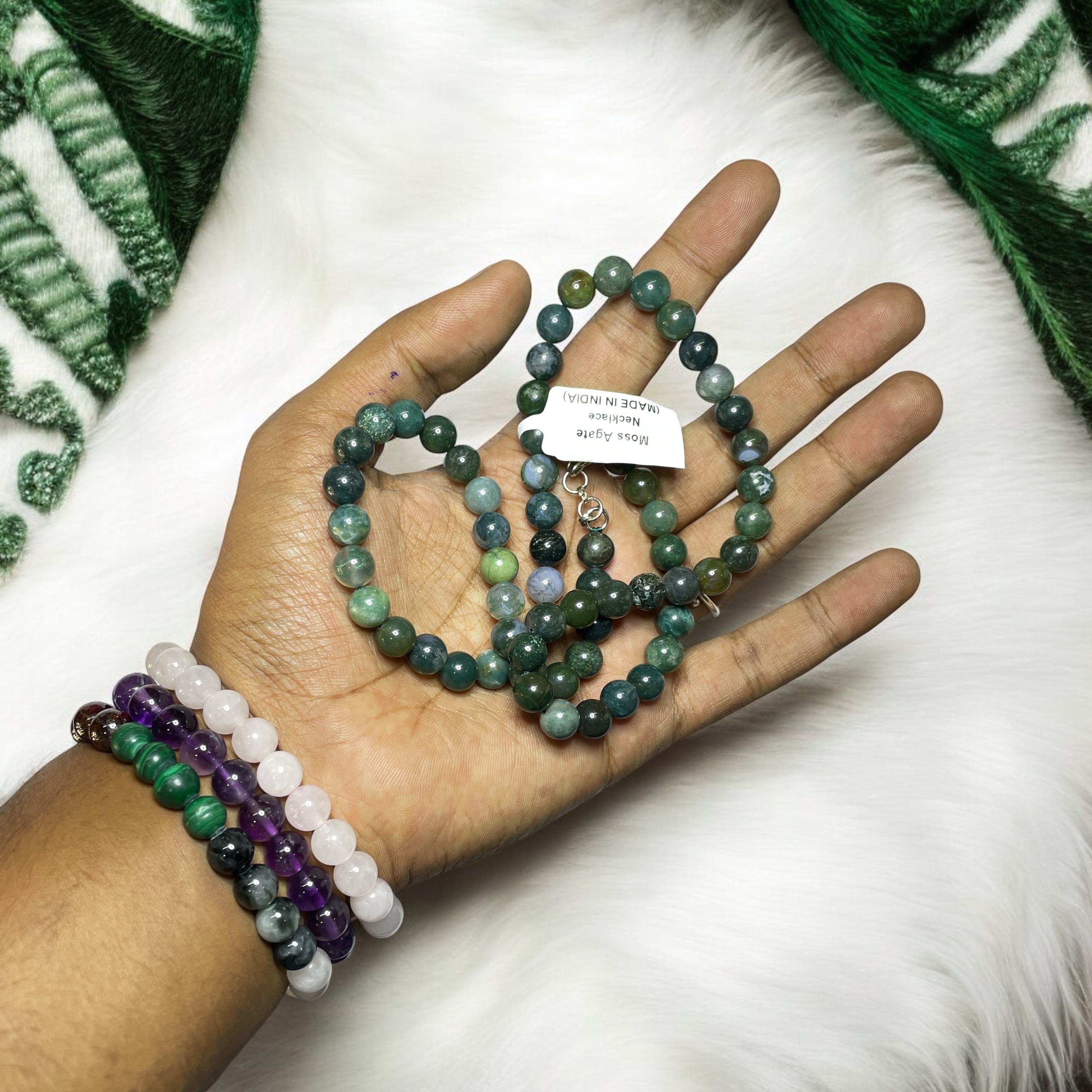 Moss Agate Crystal Necklace. Discover the Power of Natural Crystals with Rocksmins: Elegantly Crafted Crystal Necklaces Infused with Authentic Energies for Enhanced Well-Being and Spiritual Growth