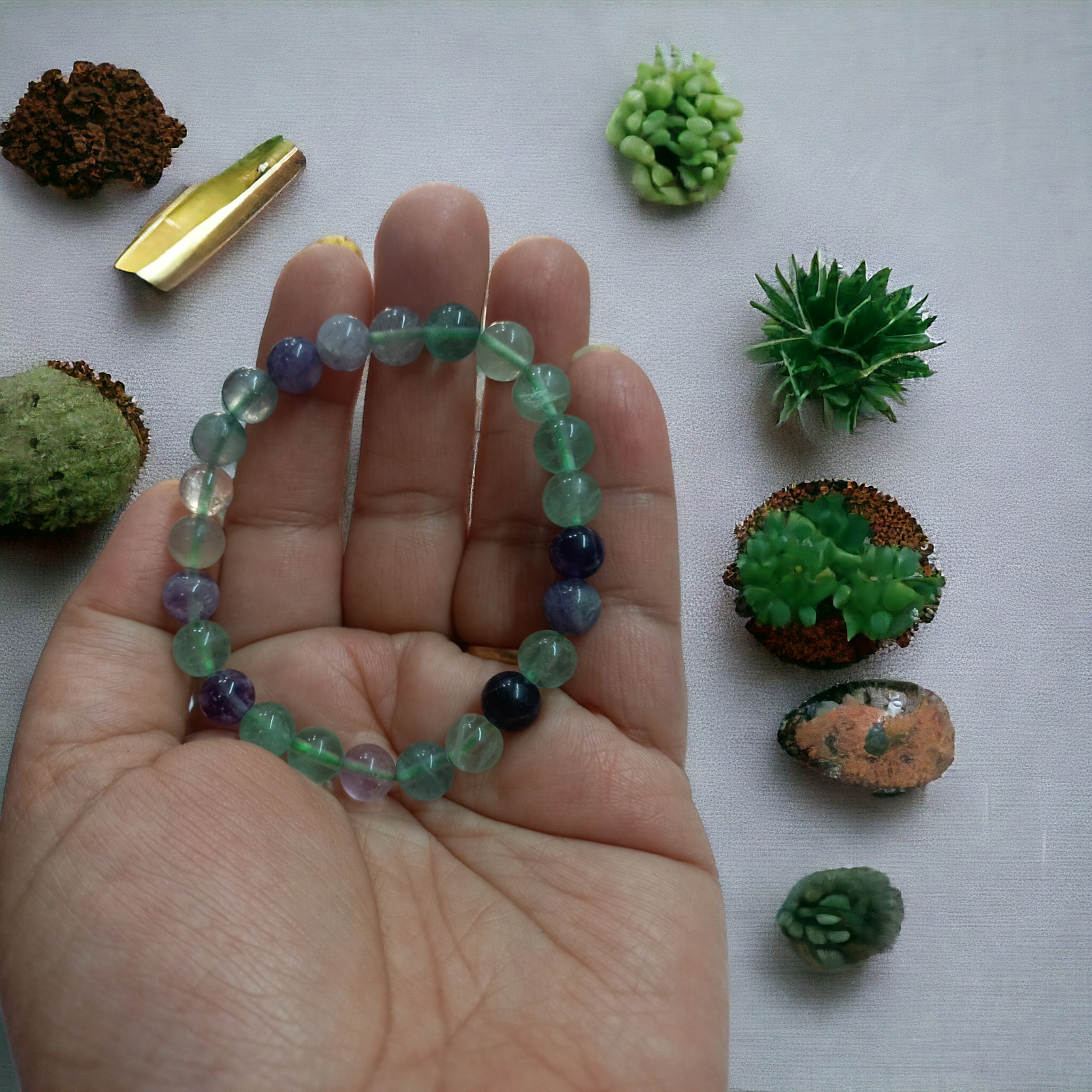 Fluorite Bracelet Natural Original Crystal Certified Real Stone Stylish for Men Women Boy Girl Unisex 8mm Beads Stretchable Brand : Rocksmins