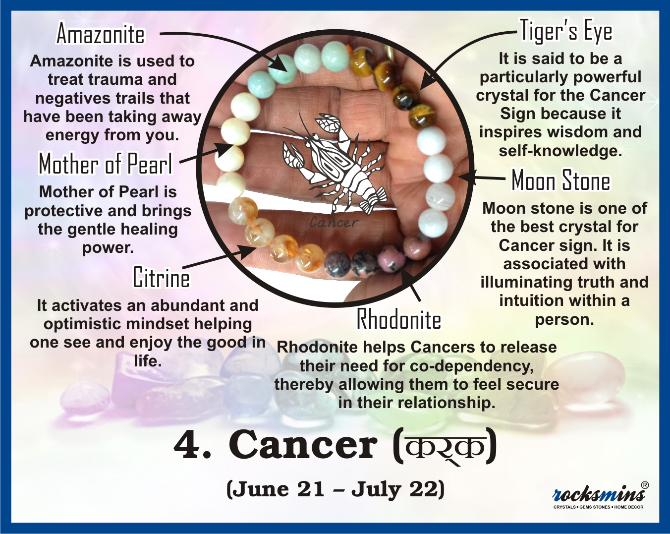 04 Rocksmins Bracelet for Cancer (Kark) Zodiac Sign Natural Original Crystal Real Stone for Men Women Boy Girl Unisex 8mm Beads Stretchable