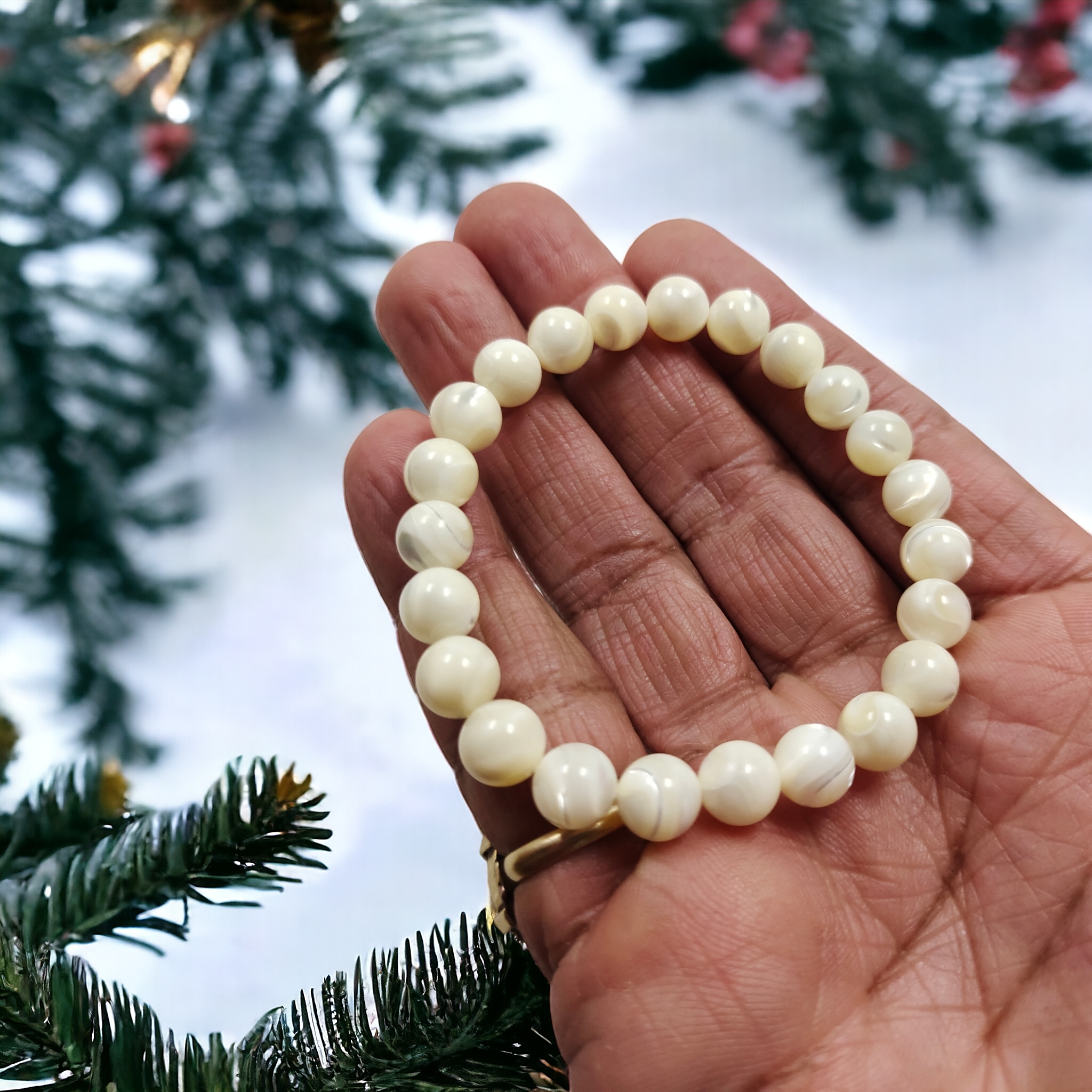 Mother Of Pearl Bracelet Natural Original Crystal Certified Real Stone Stylish for Men Women Boy Girl Unisex 8mm Beads Stretchable Brand : Rocksmins