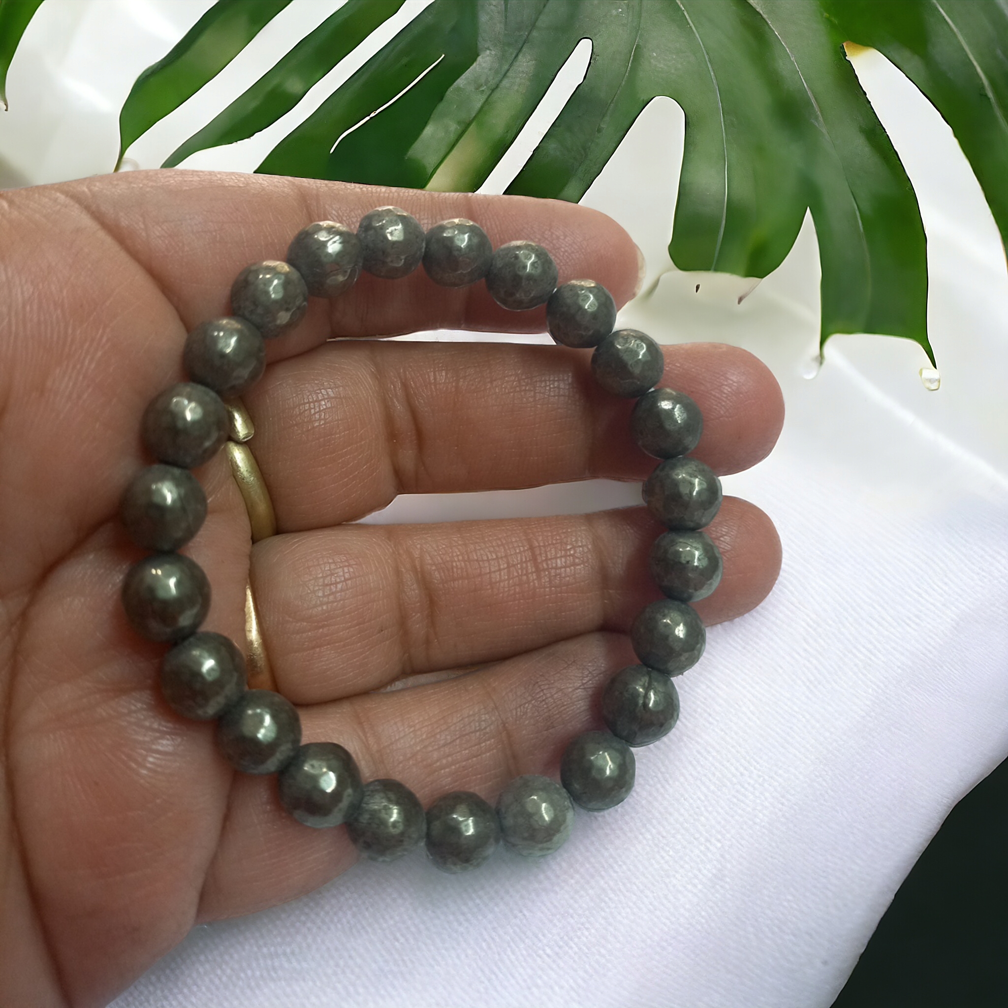 Pyrite Diamond Cut Bracelet Natural Original Crystal Certified Real Stone Stylish for Men Women Boy Girl Unisex 8mm Beads Stretchable Brand : Rocksmins