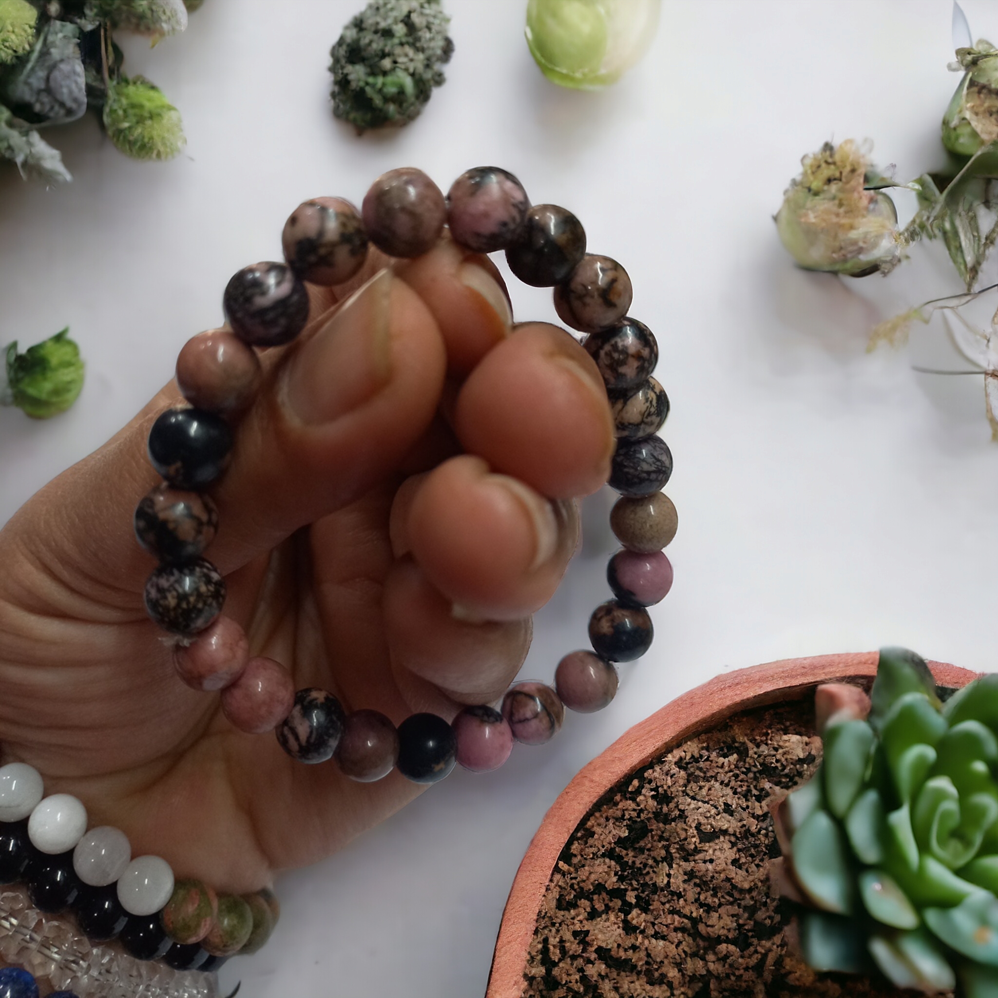 Rhodonite Bracelet Natural Original Crystal Certified Real Stone Stylish for Men Women Boy Girl Unisex 8mm Beads Stretchable Brand : Rocksmins